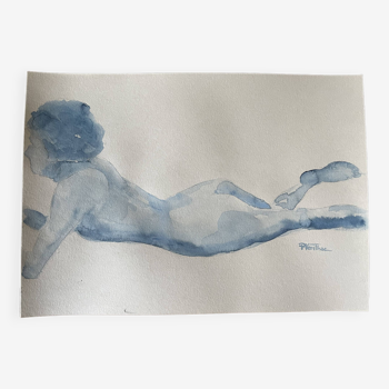 Tableau signé aquarelle monochrome bleue « portrait de femme allongée »