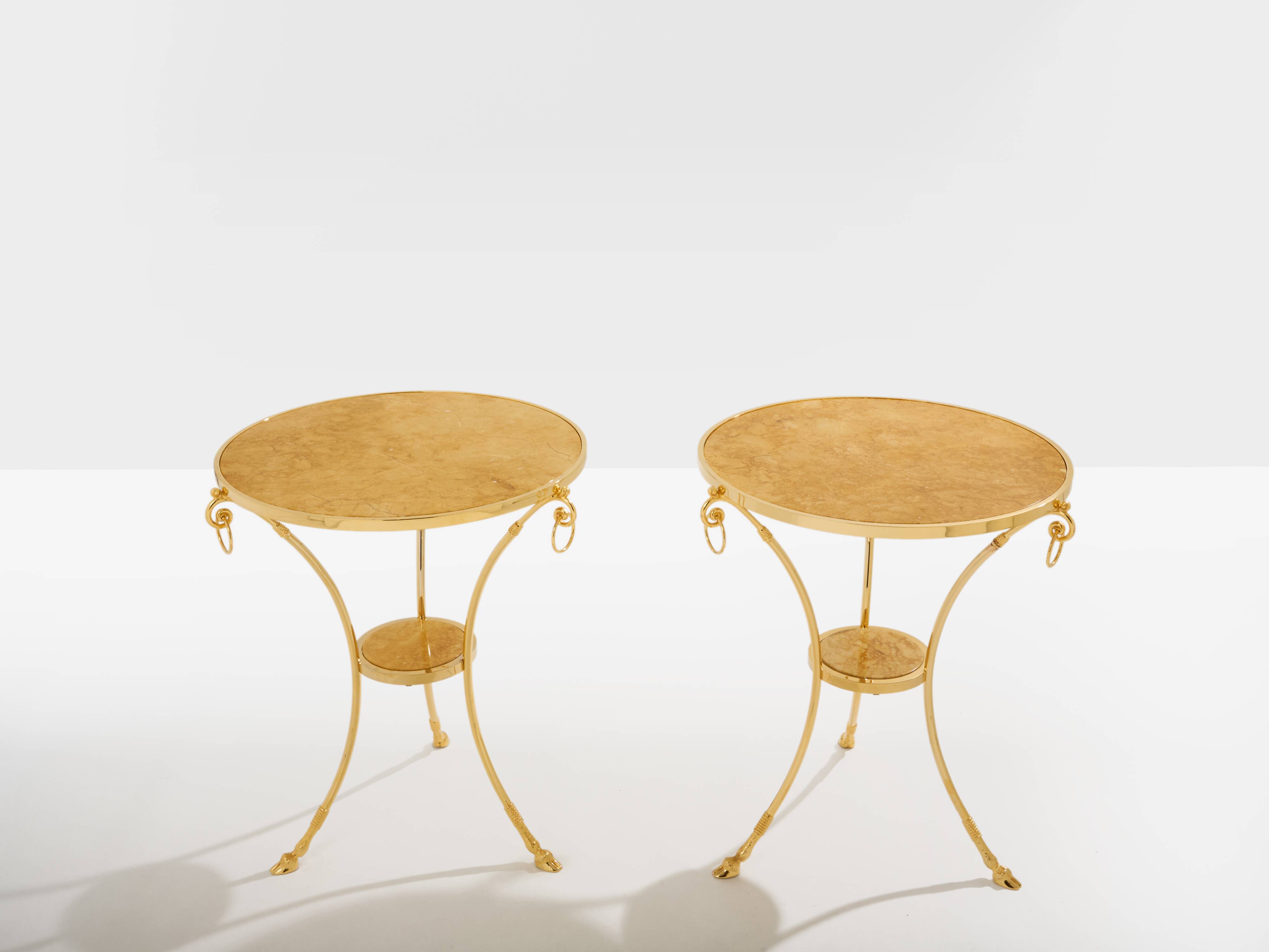 Set of 4 neoclassical side tables in brass and marble by Maison Charles, 1960.