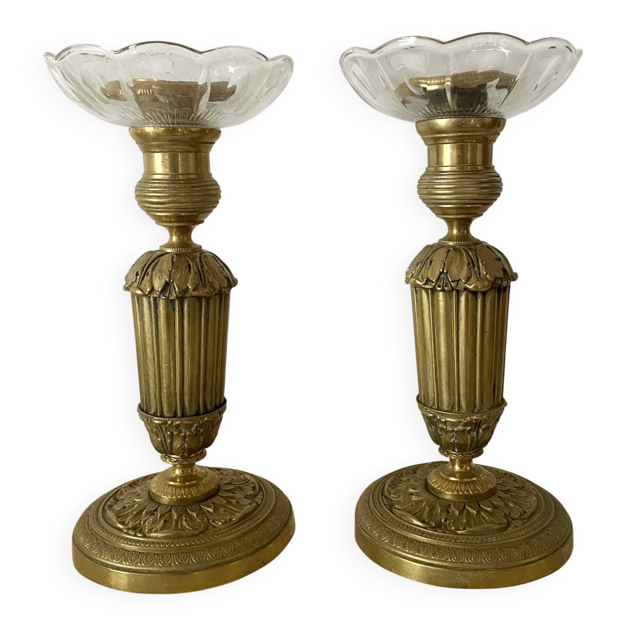 Antique brass candlesticks with glass bobeches