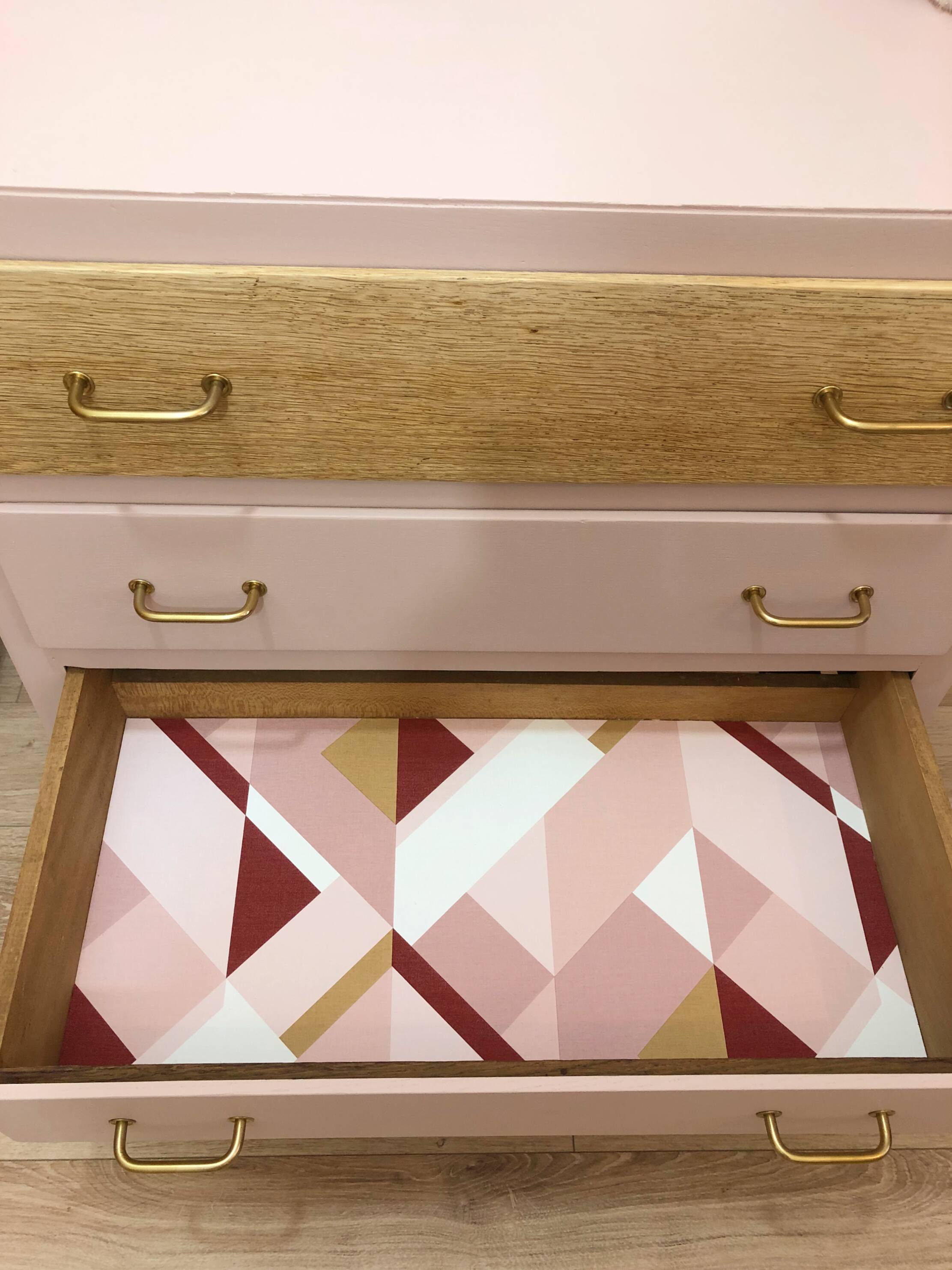 1960s chest of drawers, compass feet, rose liberté