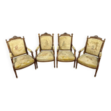 Series of 4 Louis XVI armchairs with tapestry of La Fontaine's fables circa 1850