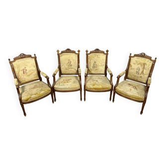 Series of 4 Louis XVI armchairs with tapestry of La Fontaine's fables circa 1850