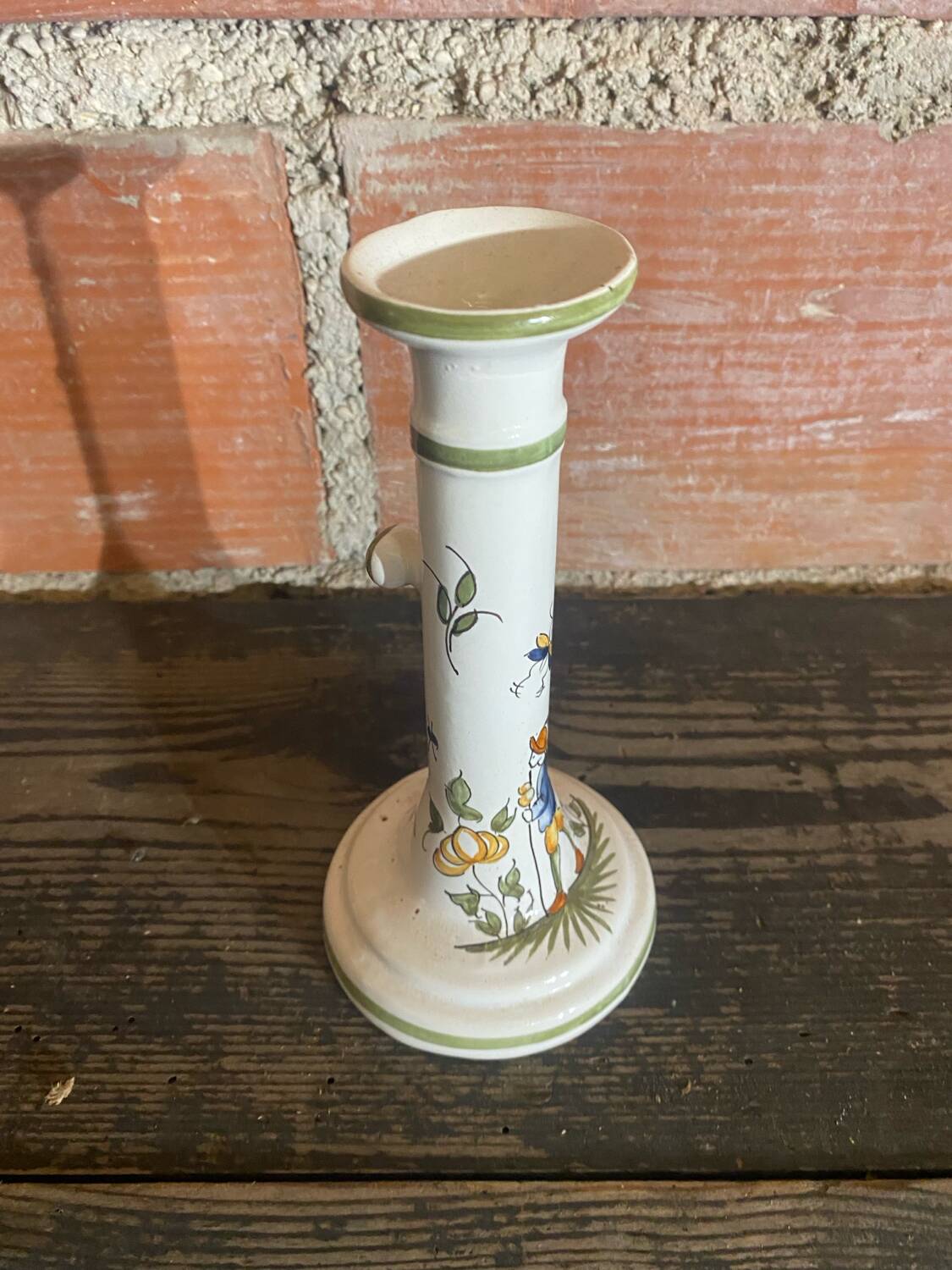 Antique Moustiers Candlestick, White Ceramic, Vintage Painted Decor #C875