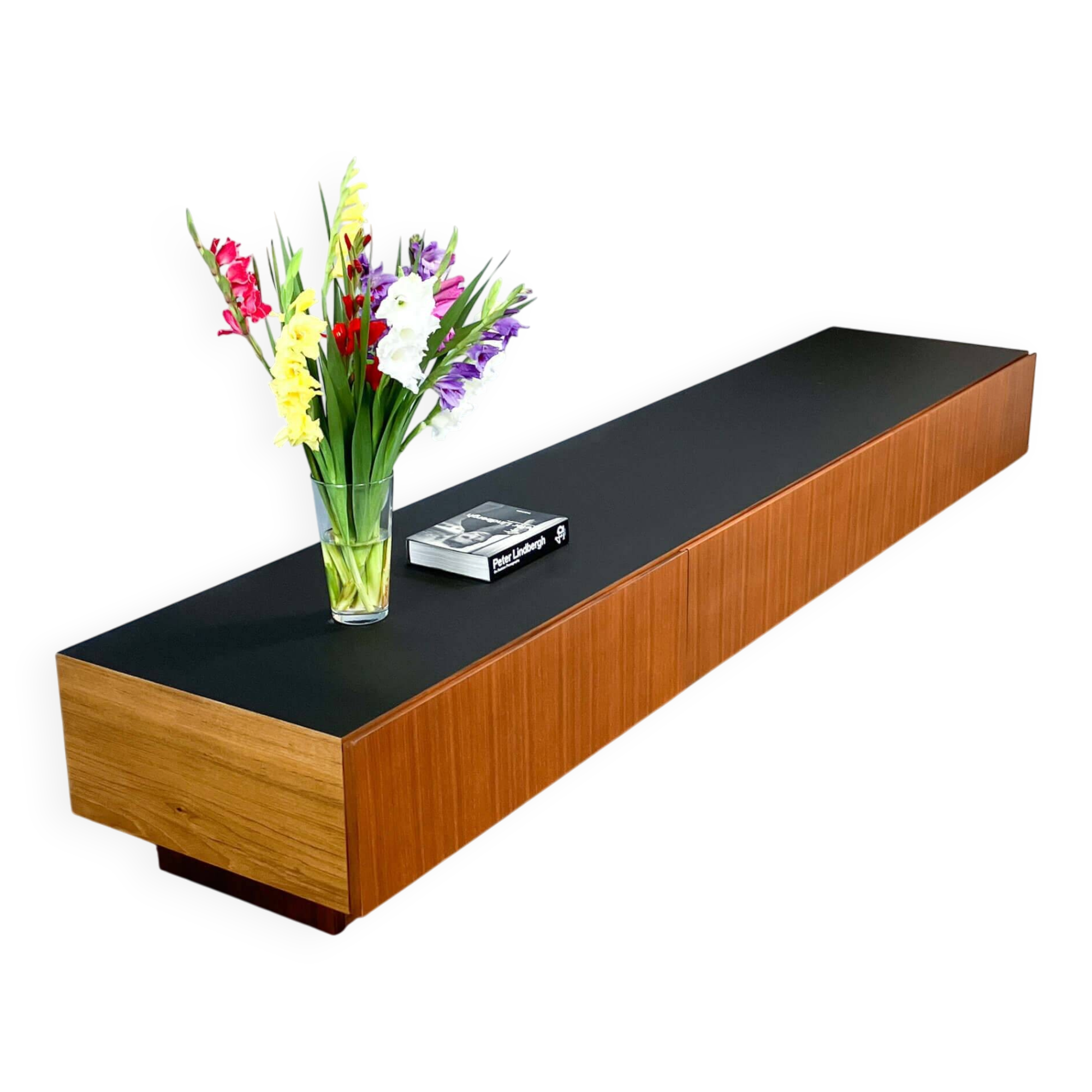 Minimalist XXL lowboard, teak and black top, 1960s