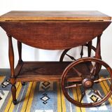 Folding dessert table in solid chestnut, 2 drawers, wheels, 20th century.