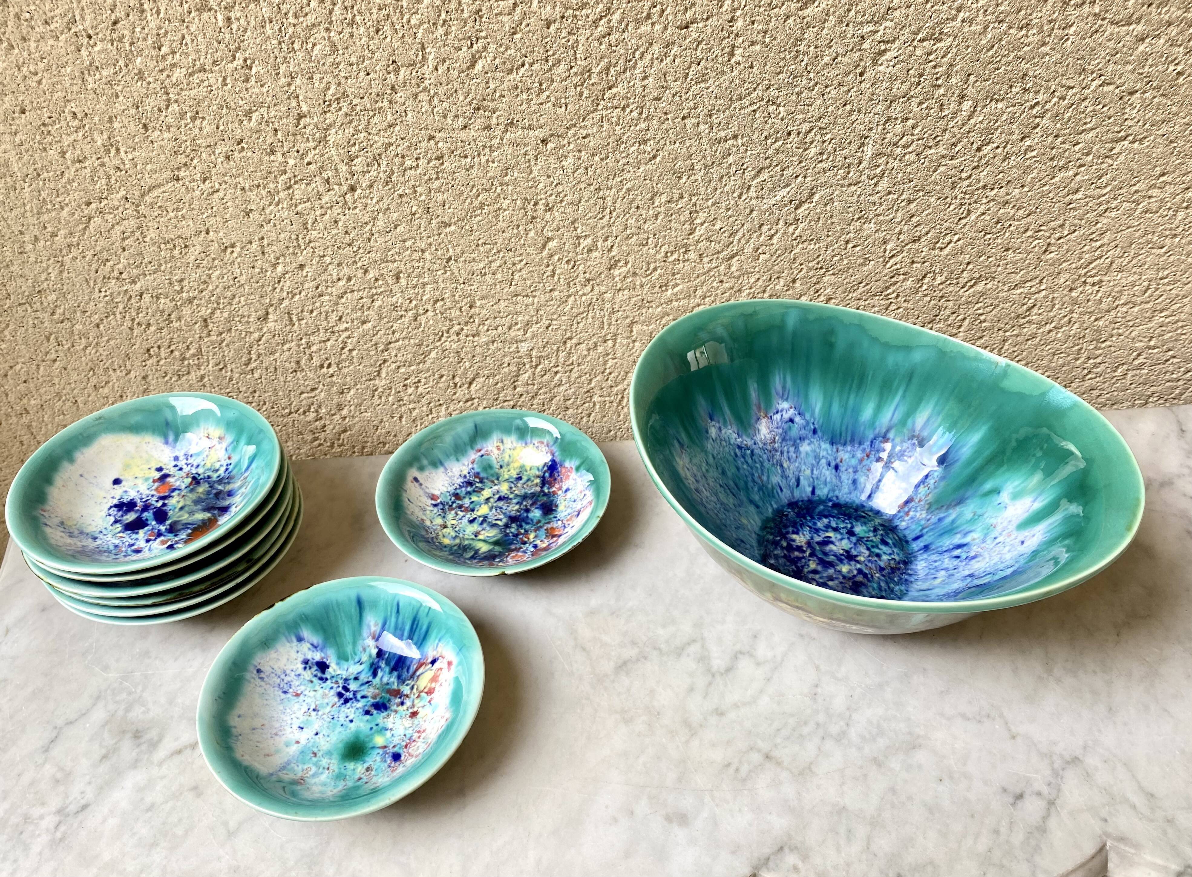 Salad bowl dessert service & 8 ramekins sandstone from the vintage Morvan 70s