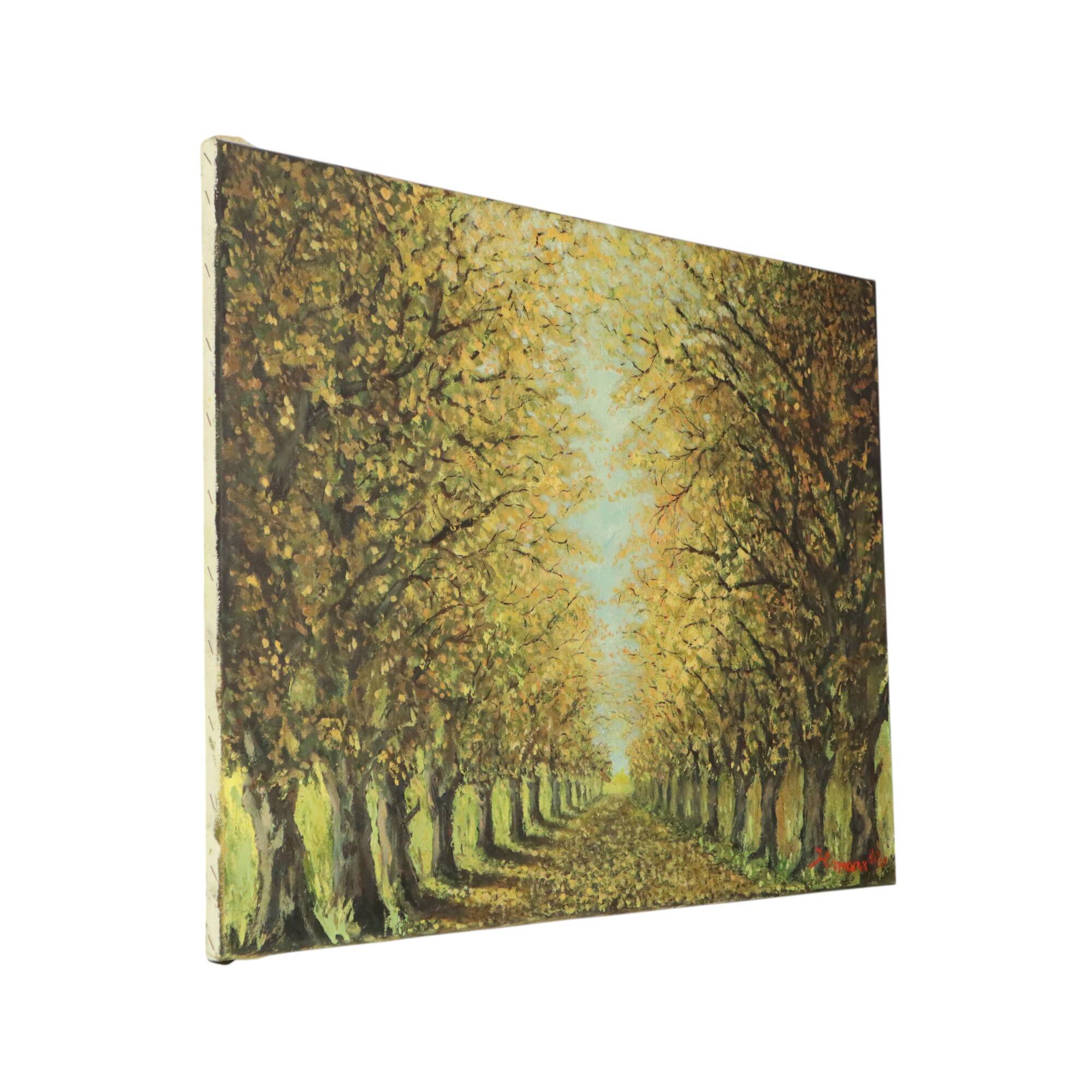 Large Vintage Painting on Canvas Perspective Trees Signed