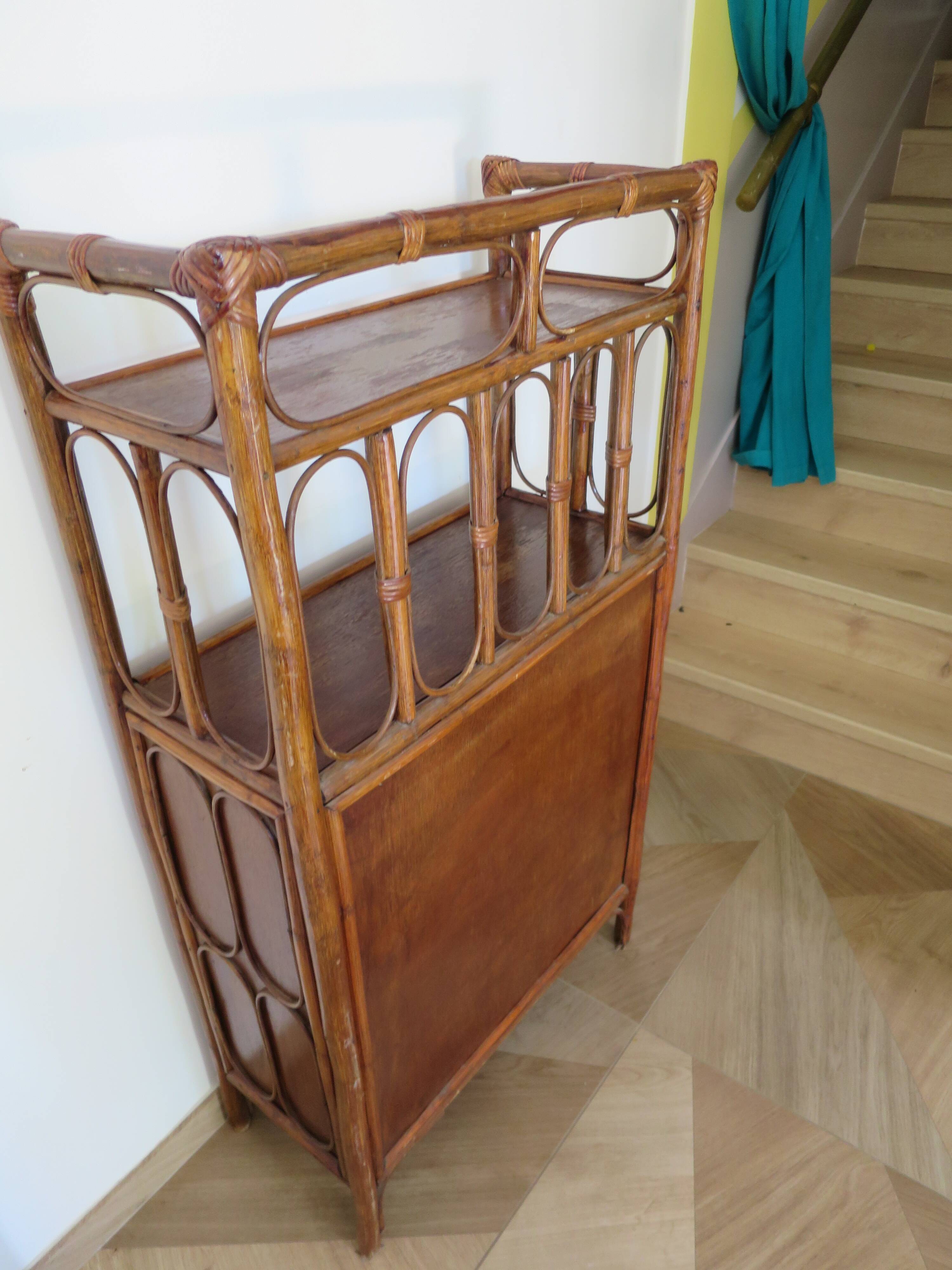 Retro-modernist - Sideboard-bookcase-2 doors-wood-rattan-cane-1960s
