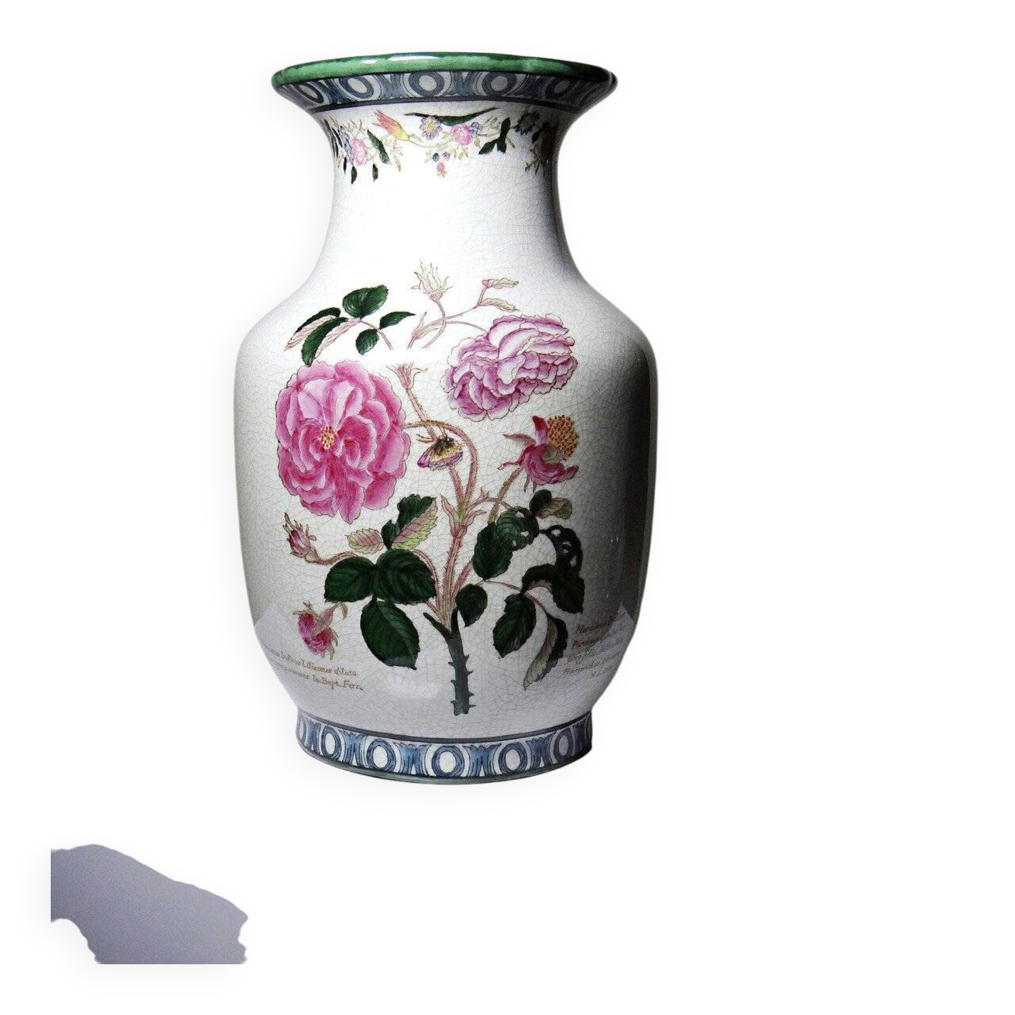 Impressive cracked earthenware vase with polychrome botanical decoration by Wong Lee, 1895, vintage.