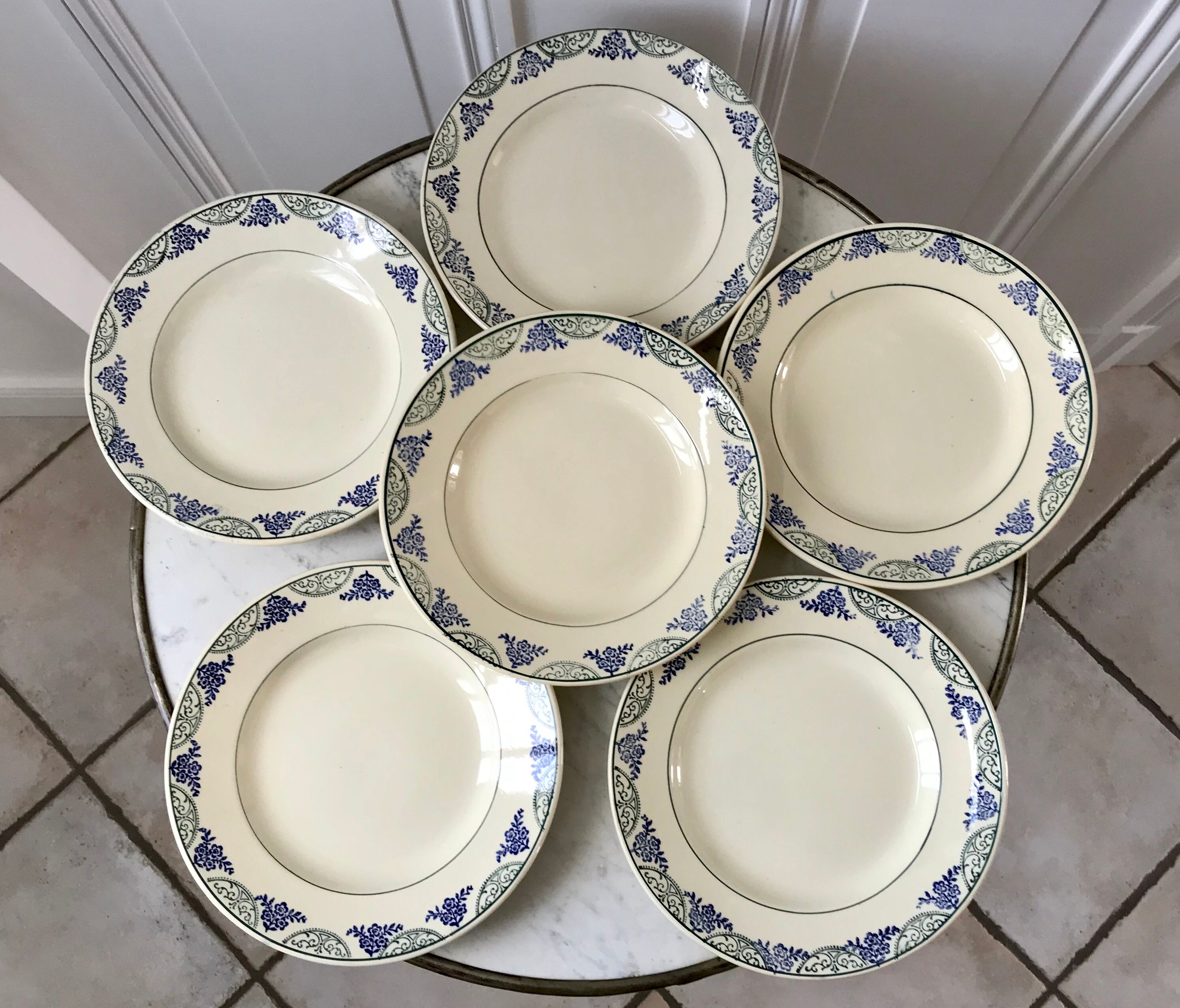 Lot de 6 assiettes plates Terre de Fer Moulins des Loups & Hamage vertes et bleues fin XIXème