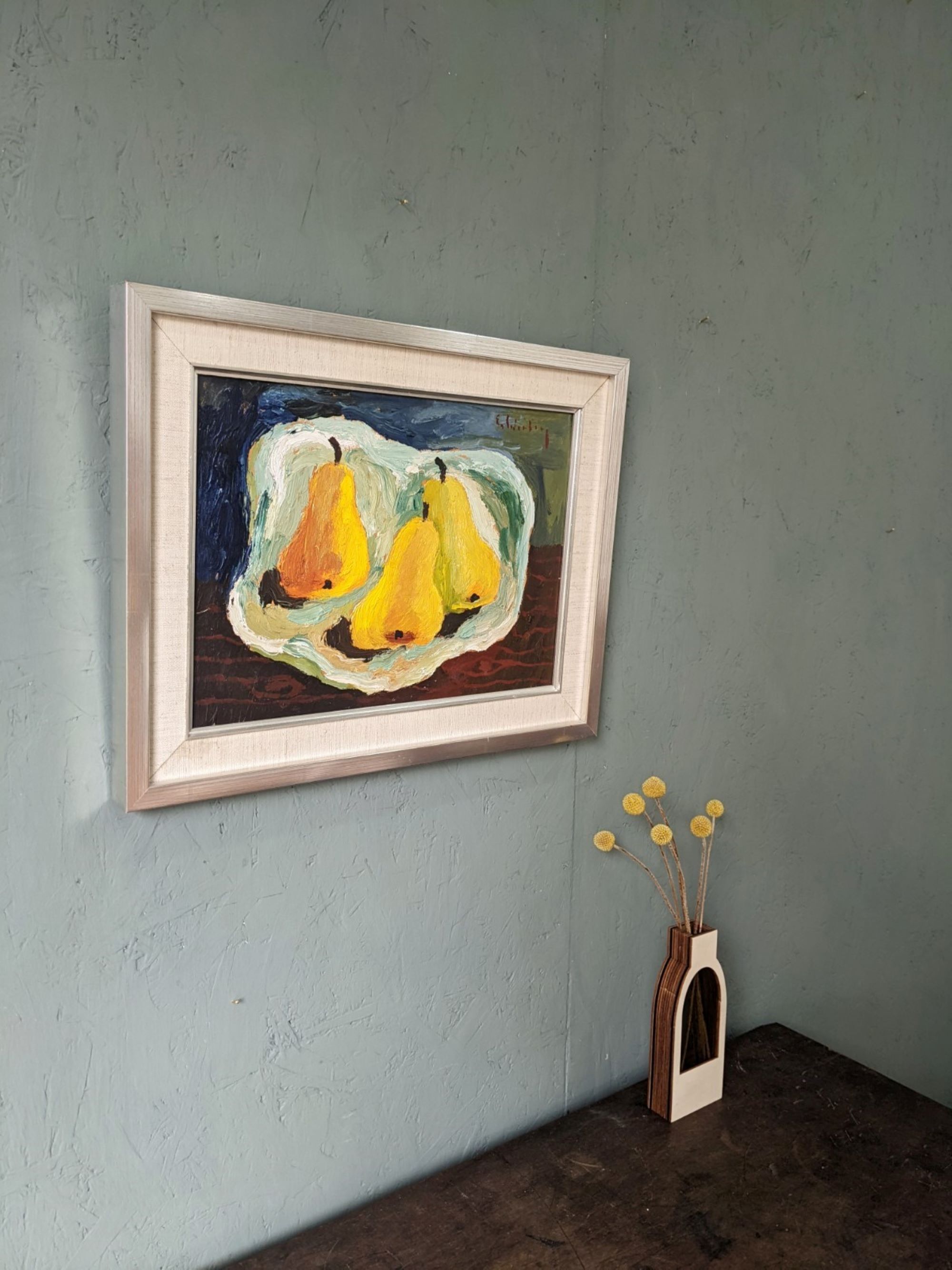 Mid-Century Modern Swedish "Luminous Pears" by Eric Cederberg, Framed Still Life Oil Painting
