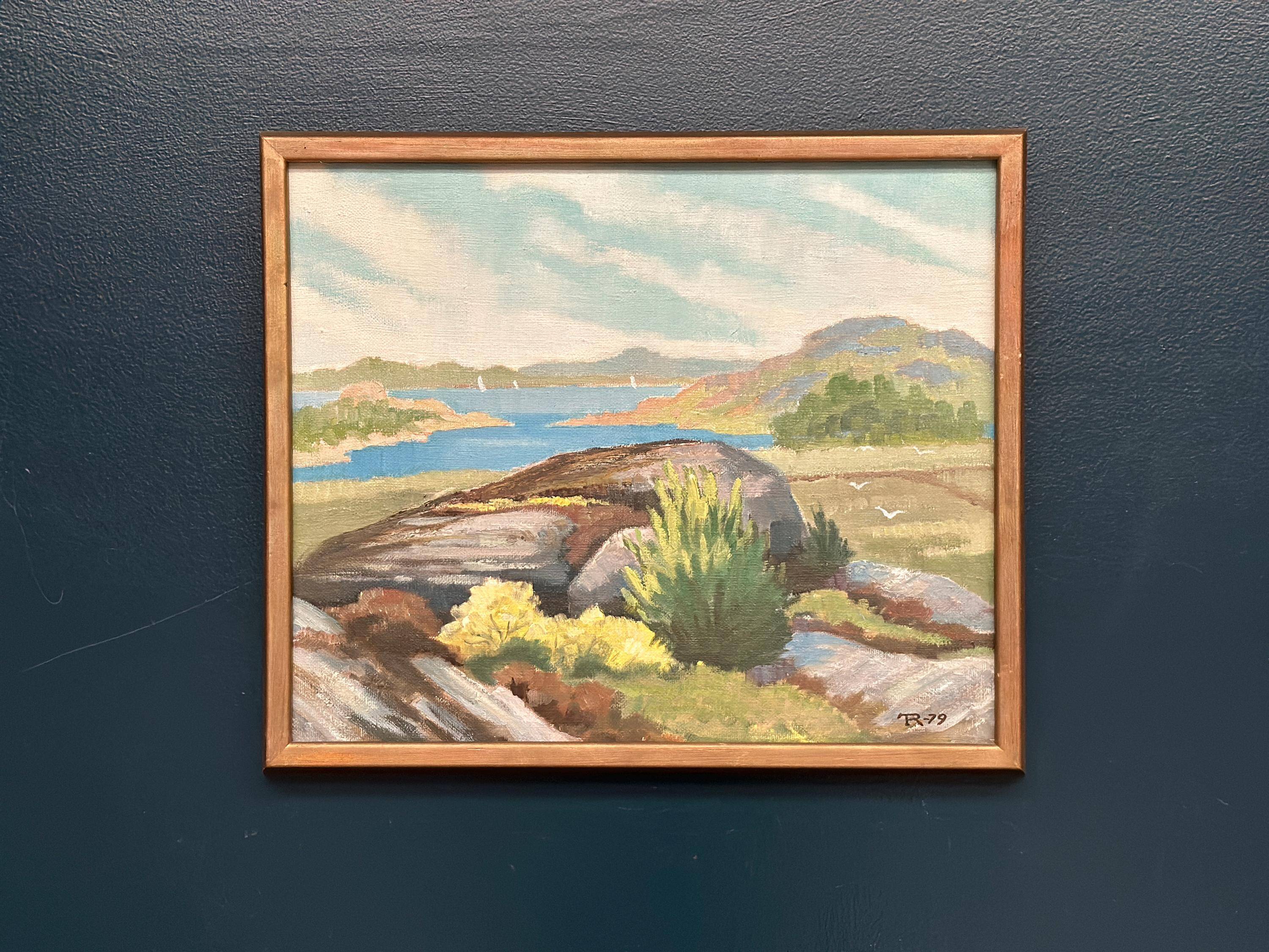 Huile sur toile originale suédoise – “Côte” par R, 1979 – Vintage et encadrée – 50 × 42 cm (19,7" × 16,5")