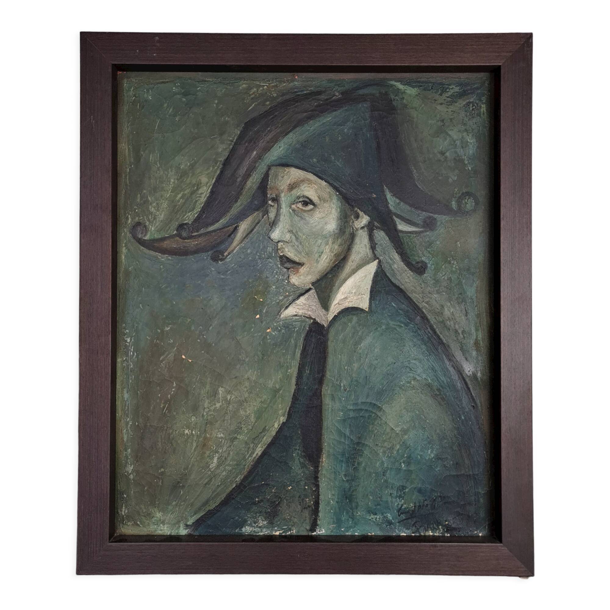Harlequin, oil on canvas vintage 1950, signed & dated on the back SB