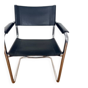 Fauteuil vintage MG5 en cuir noir et métal chromé par Matteo Grassi