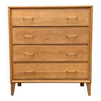Chest of drawers with compass legs and solid raw oak 1960