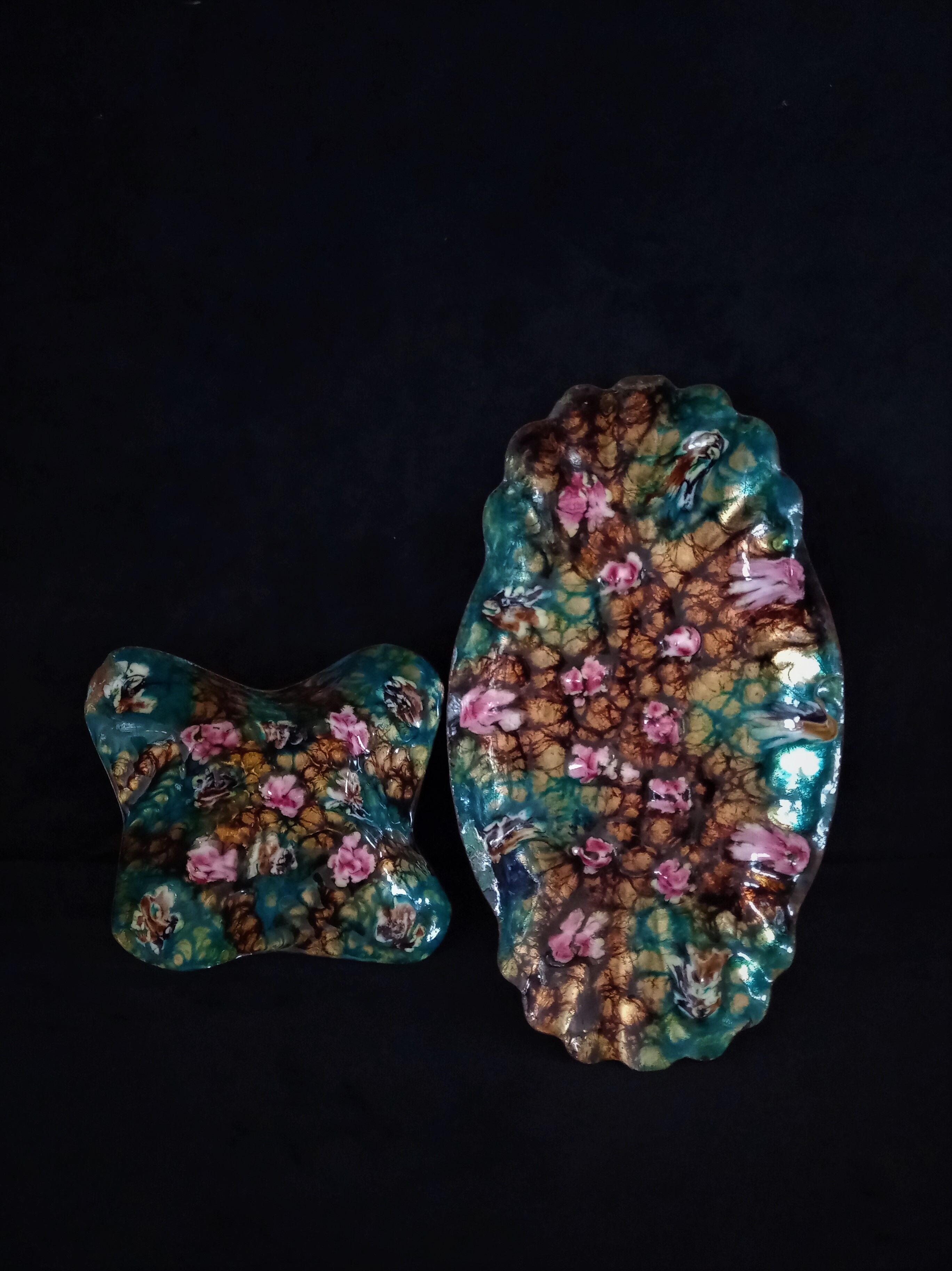 Two vintage enamelled copper tidies