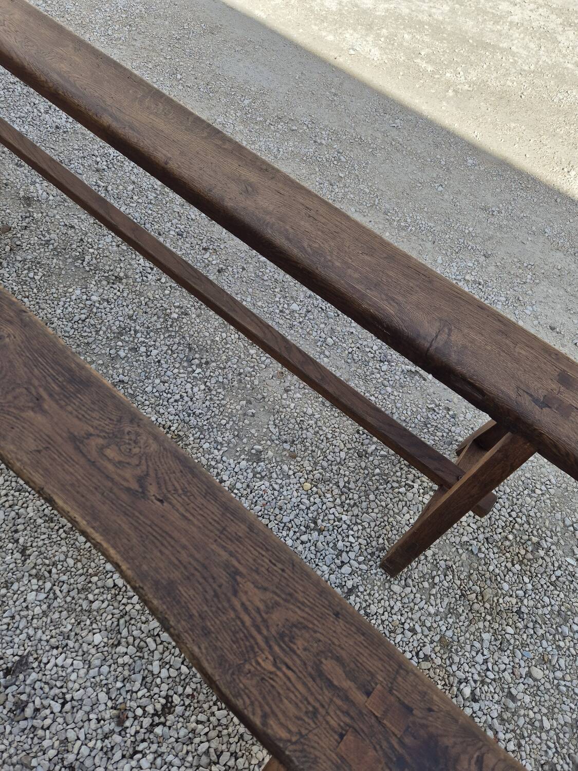 Pair of rustic solid oak farm benches 19th century - 2m90