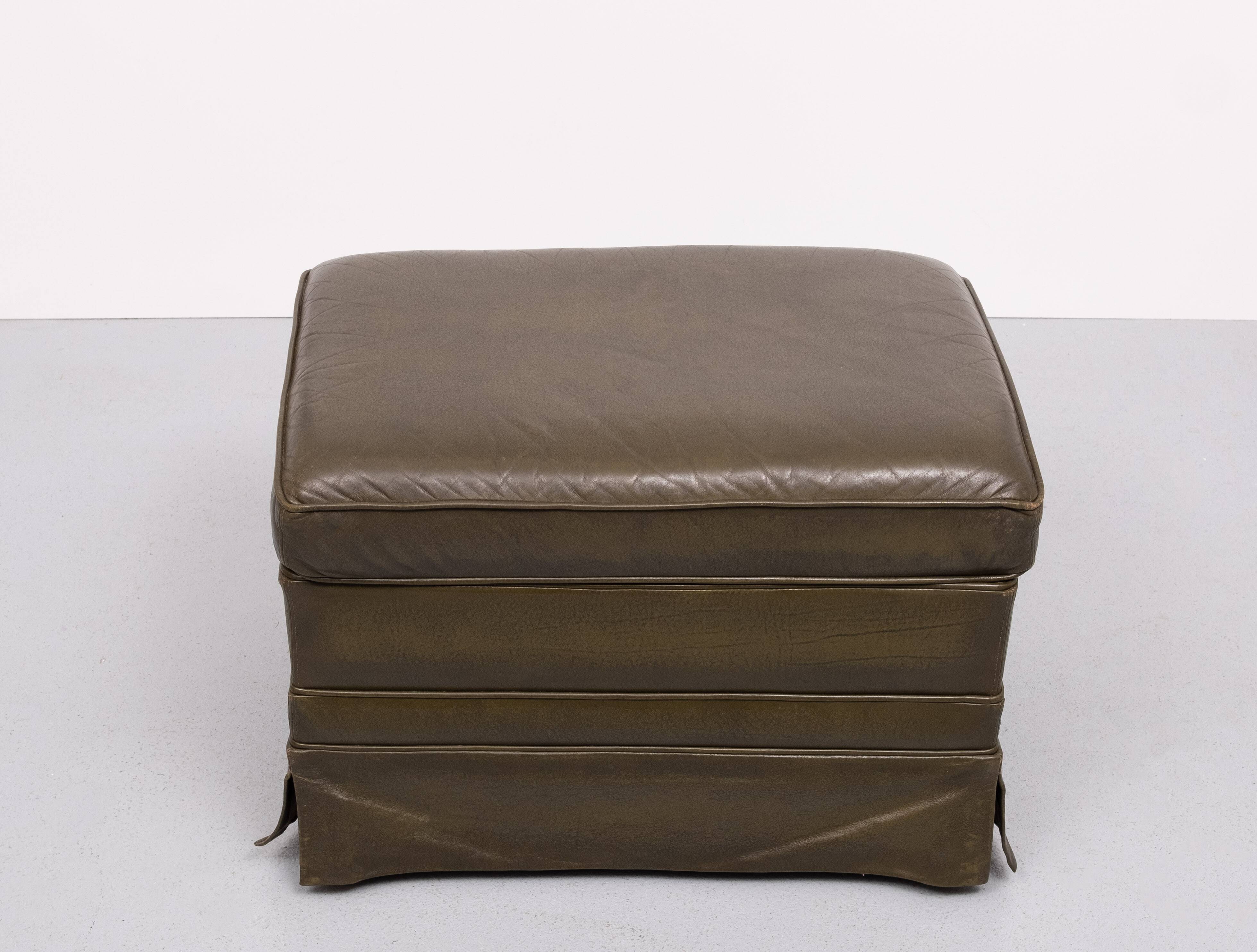 Green Leather Pouf . 1970s Germany