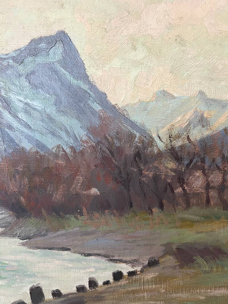 Painting "River of the Alps", Oil on panel, framed