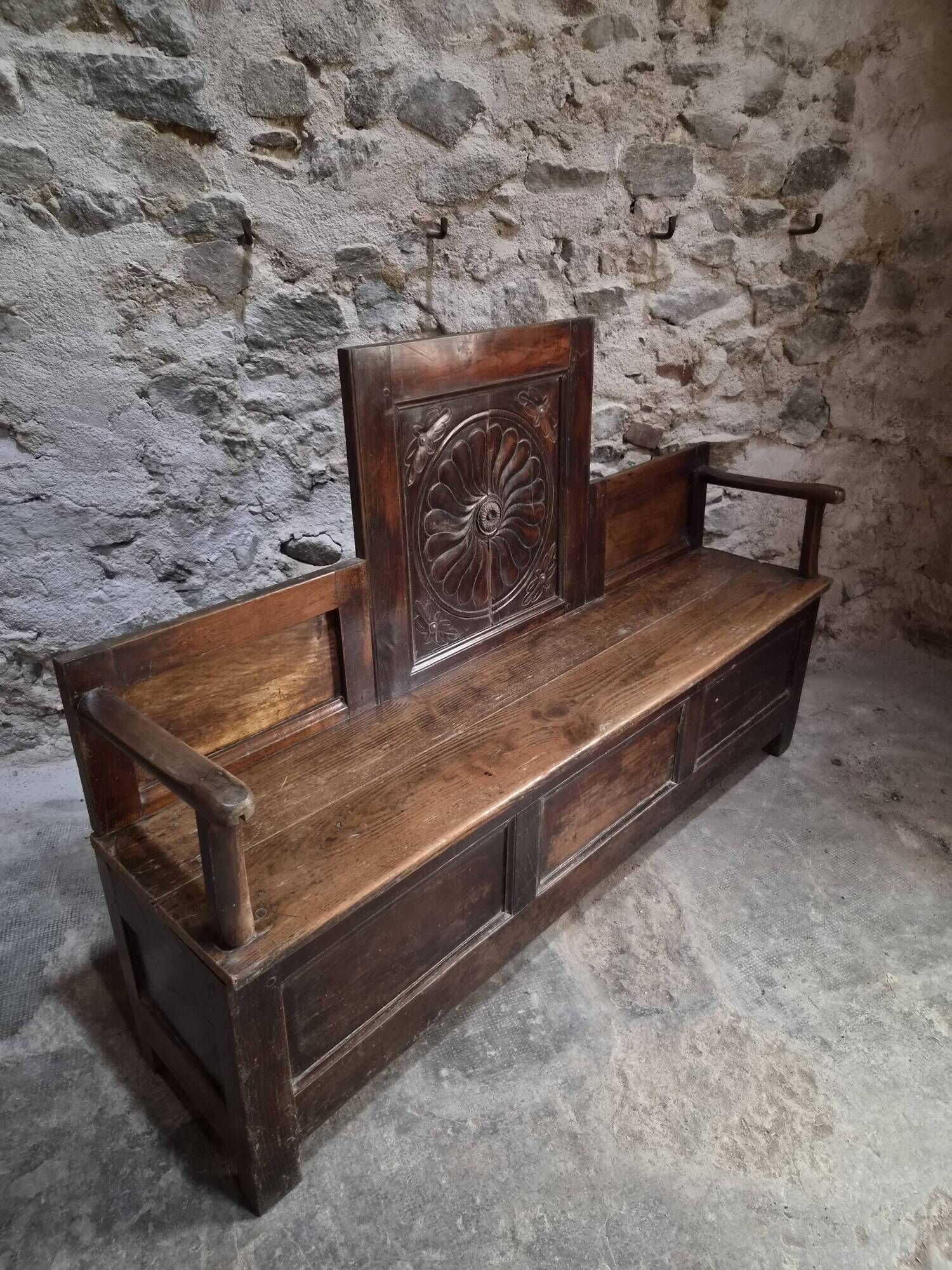 Old French popular art bench from Auvergne, circa 1800–1850