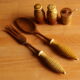 Vintage salt shaker, pepper, mustard and salad cutlery set