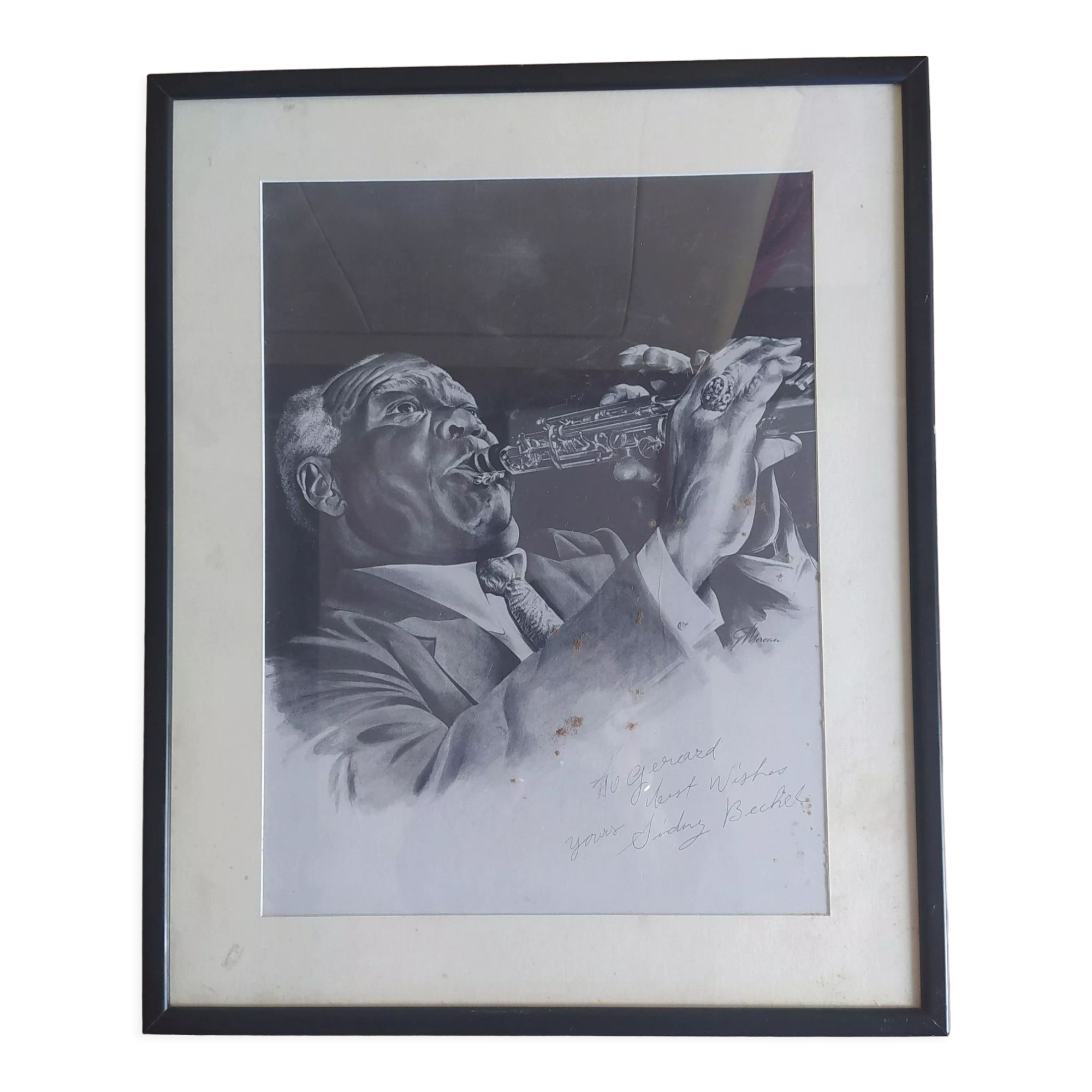 Drawing by Gérard Moreau signed by Sidney Bechet