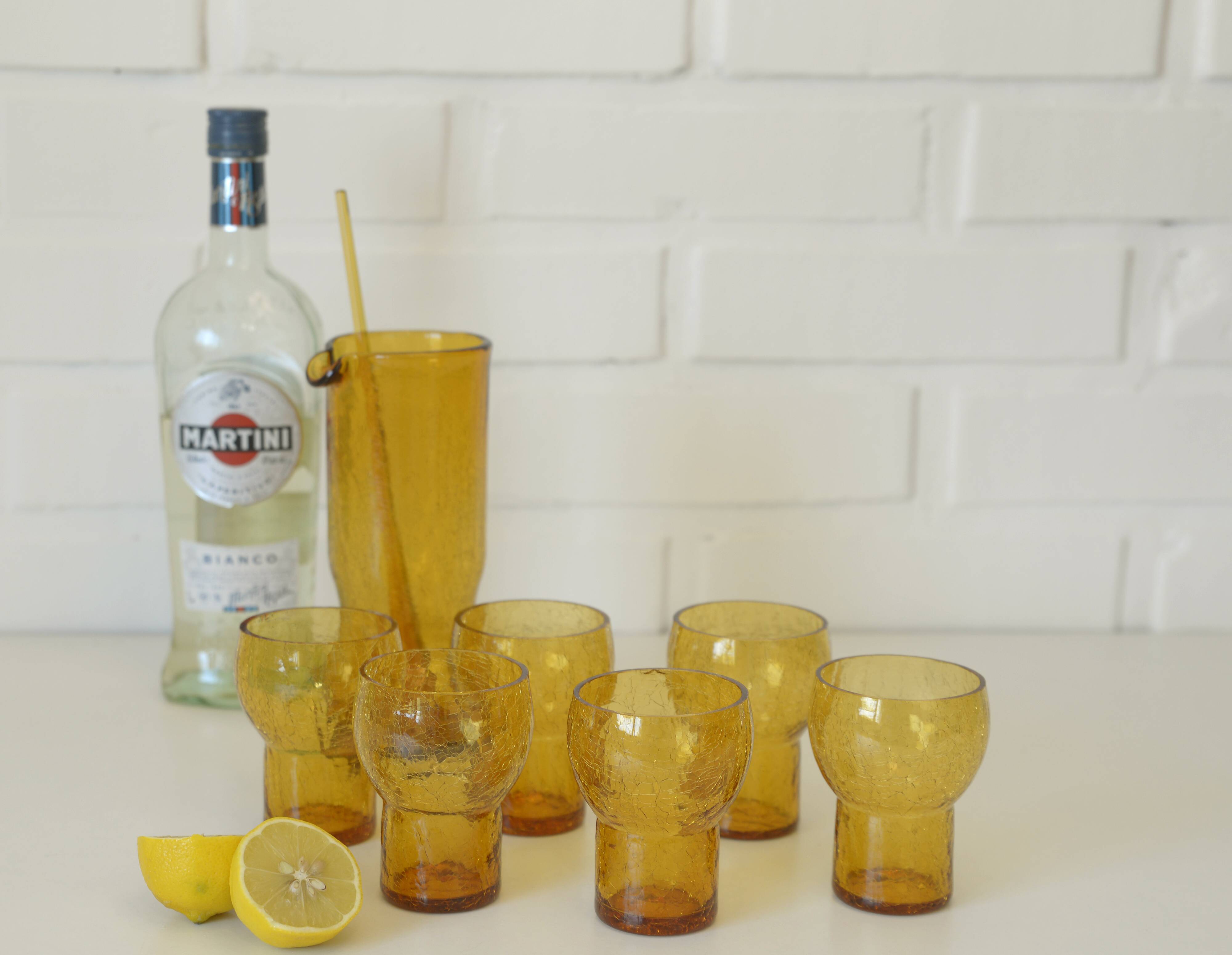 Vintage Amber Crackle Glass Shot Glass Set Mid Century Modern Barware