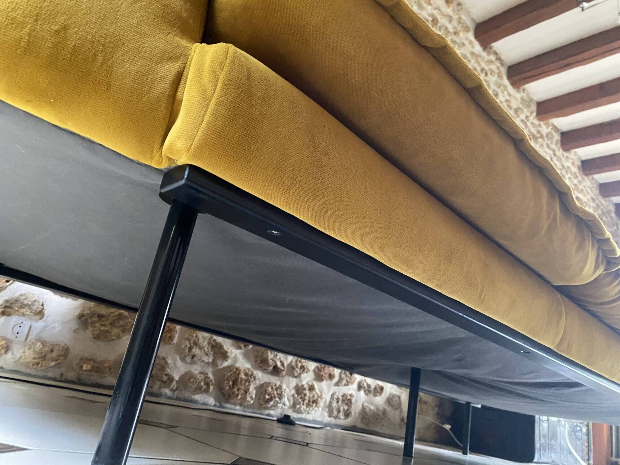 Mustard yellow retro three-seater sofa
