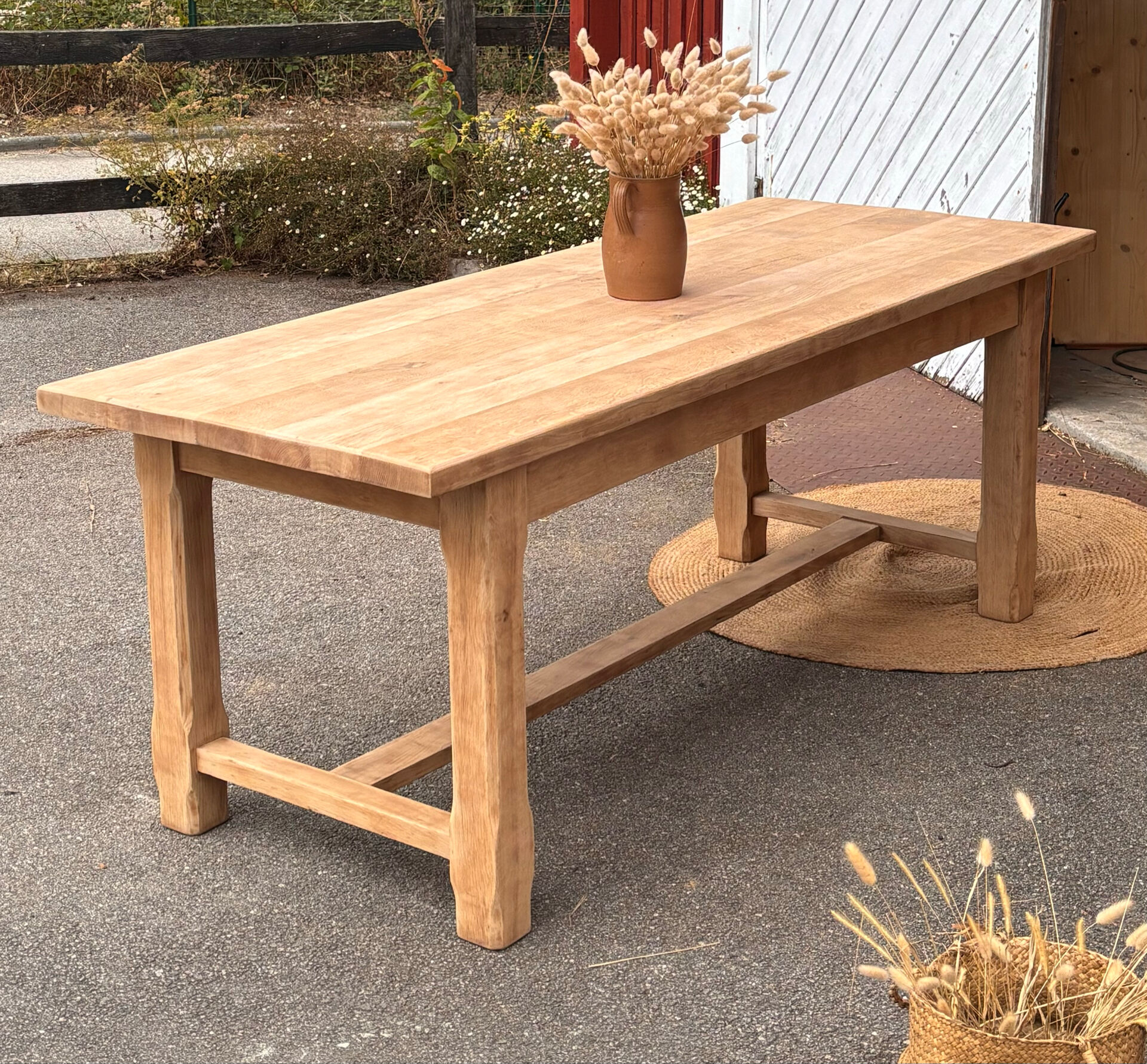 Large antique farmhouse table in raw solid oak.