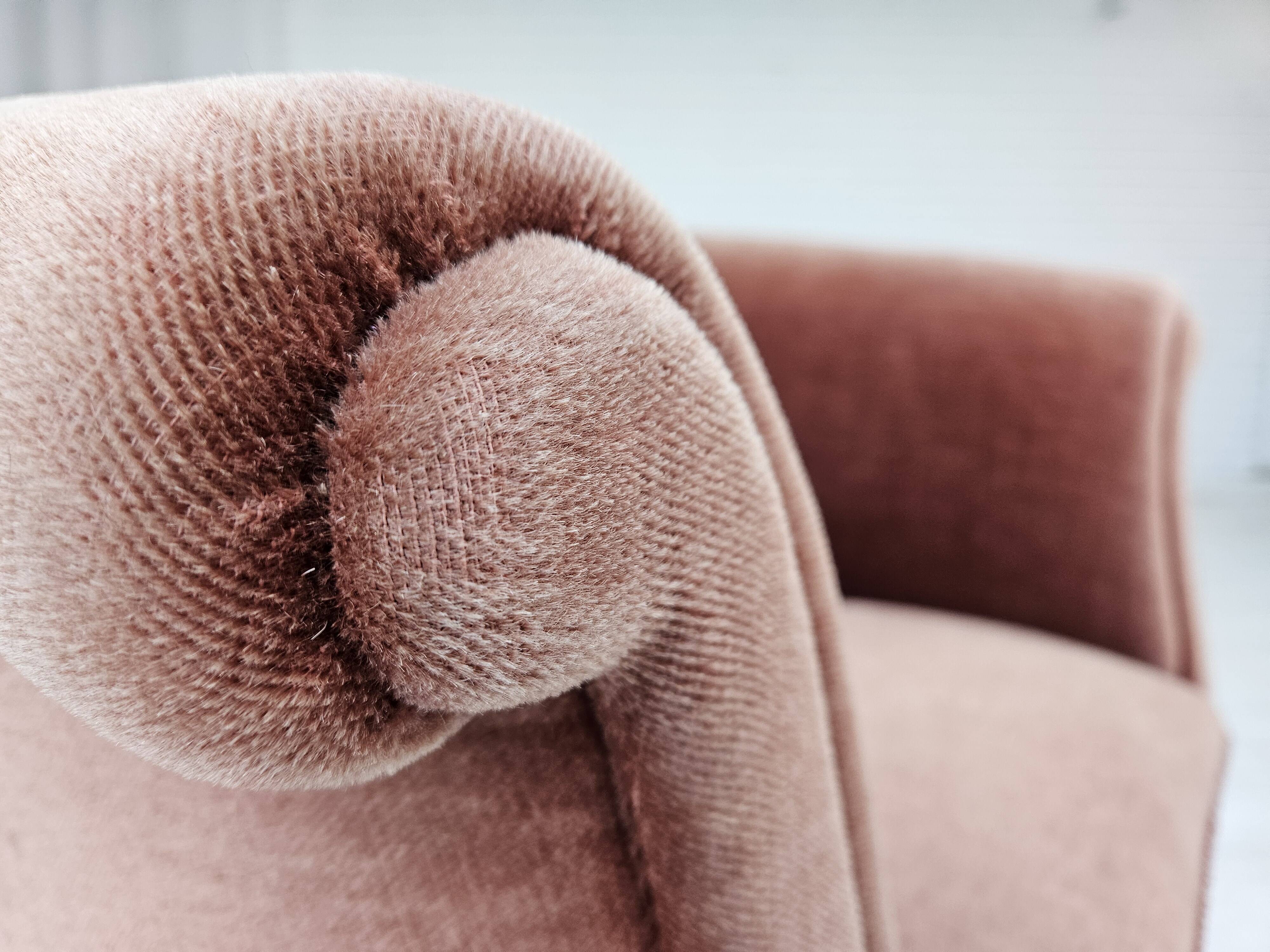 1960s, Danish lounge chair, salmon pink furniture velour, ash wood legs.