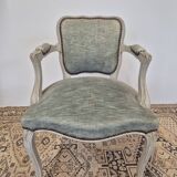 Louis XV style cabriolet armchair in patinated wood and velvet