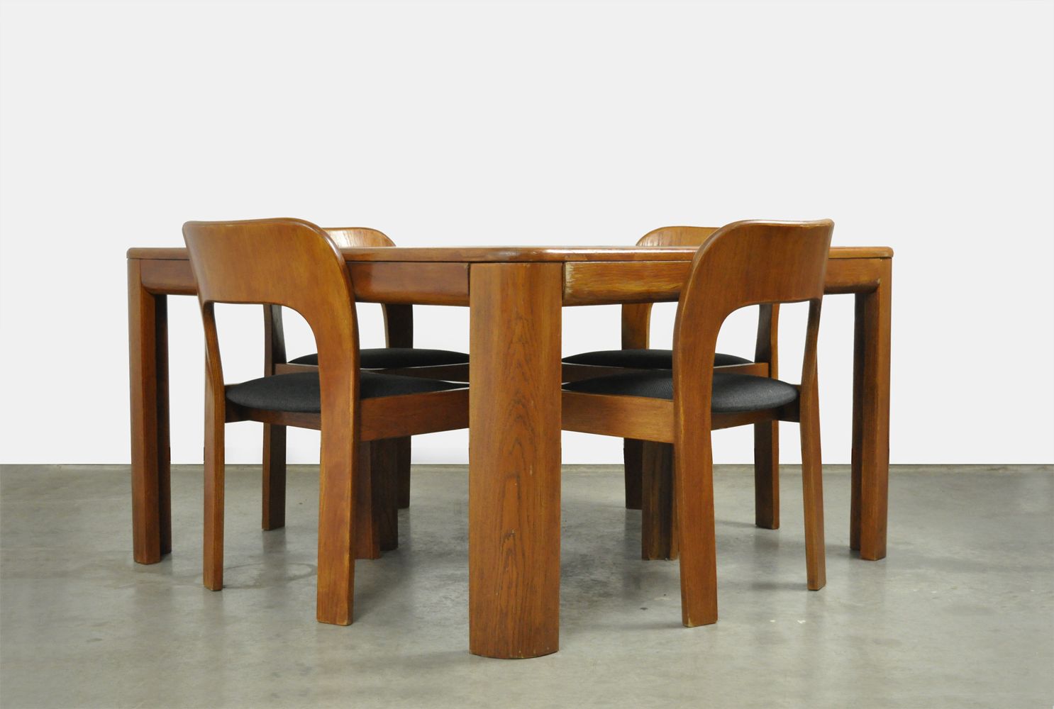 Vintage dining table set with plywood chairs and wooden table with slate inlay, 70s