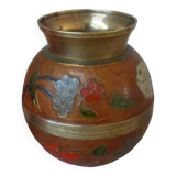 Old small brass and enamel vase with floral decoration, Small artisanal brass pot