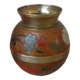 Old small brass and enamel vase with floral decoration, Small artisanal brass pot