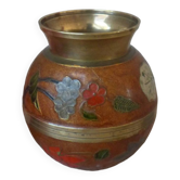 Old small brass and enamel vase with floral decoration, Small artisanal brass pot