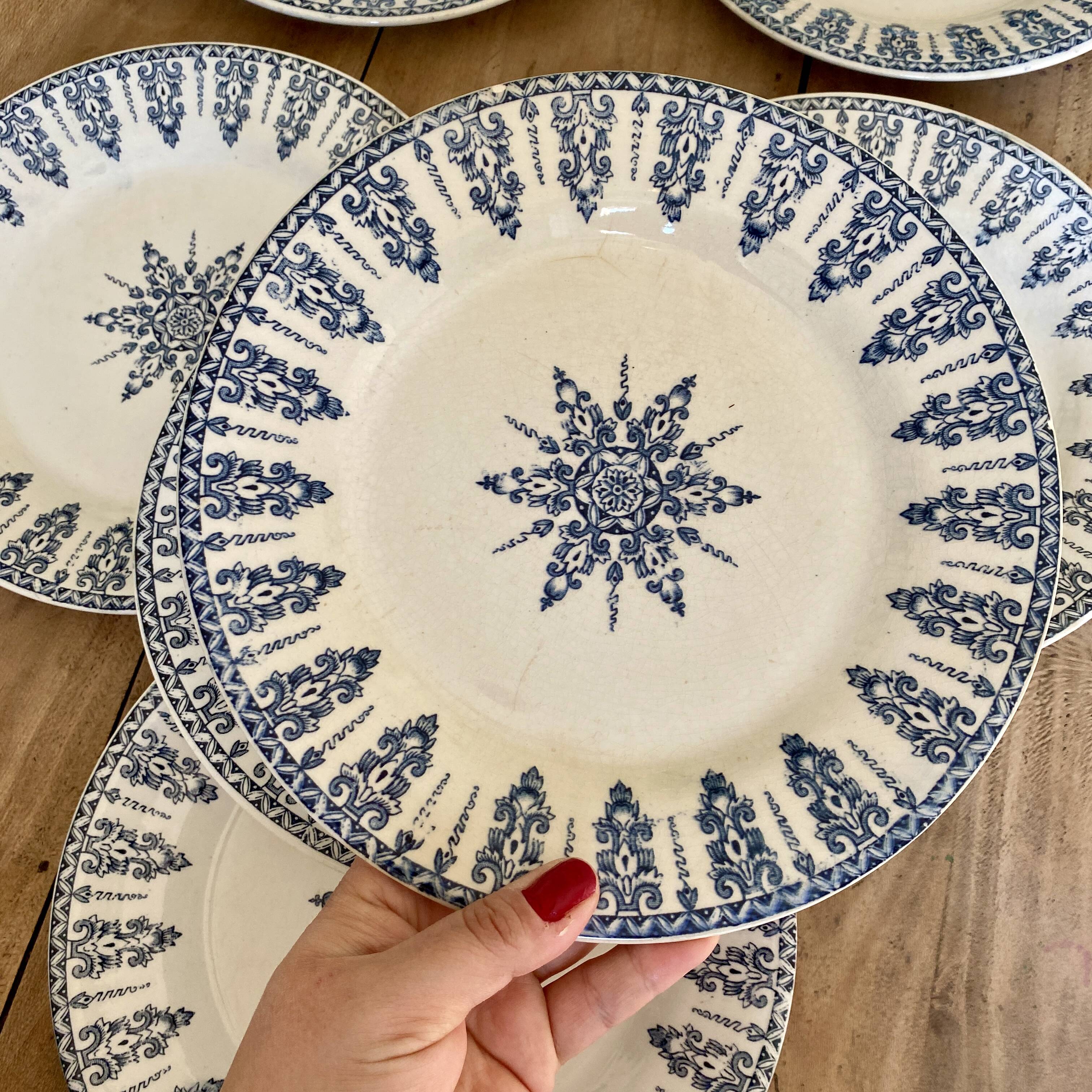 Set of 8 vintage iron earthenware flat plates, Annam de Gien model
