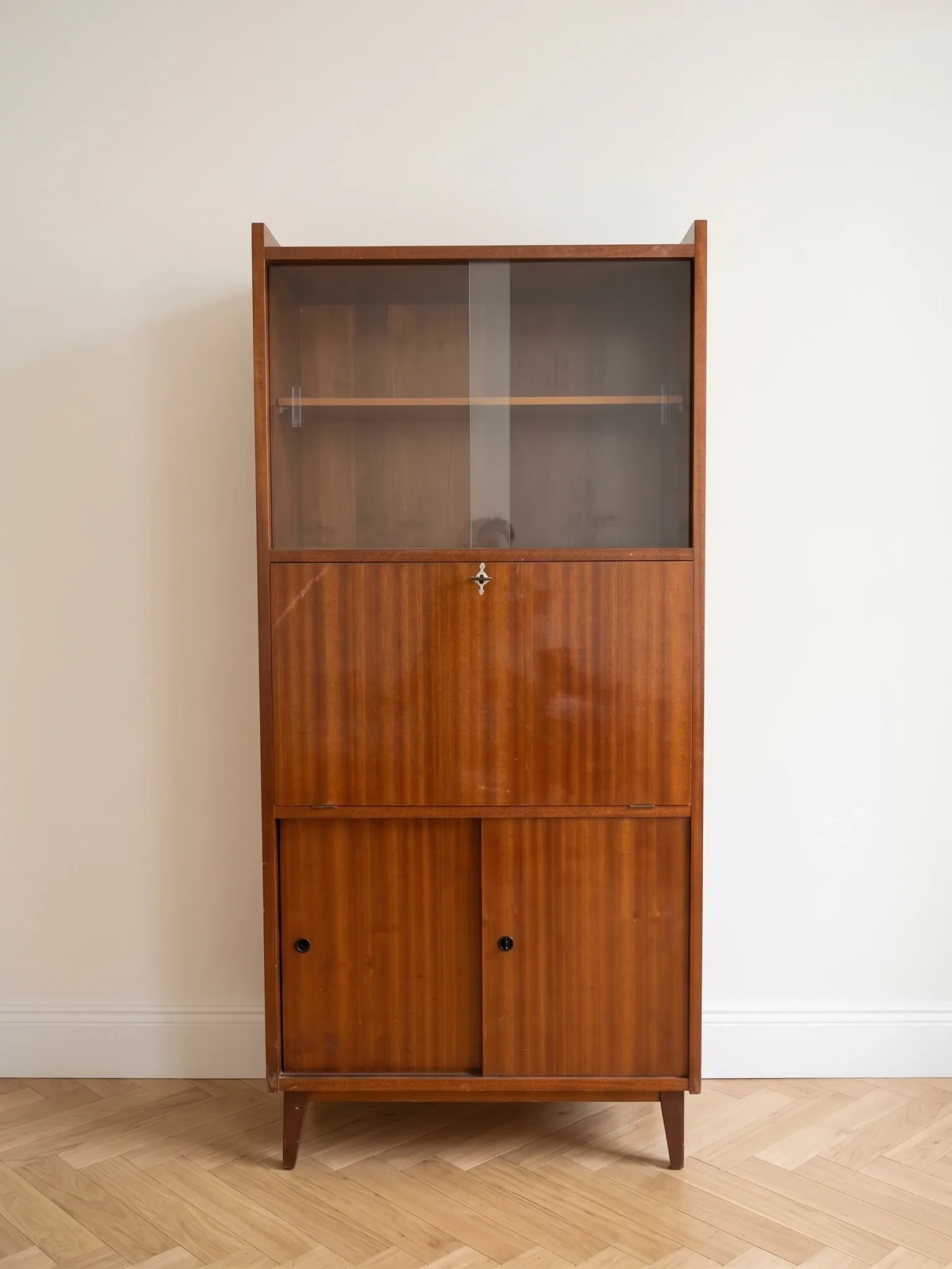 Vintage 1960s wooden secretary with display cabinet.