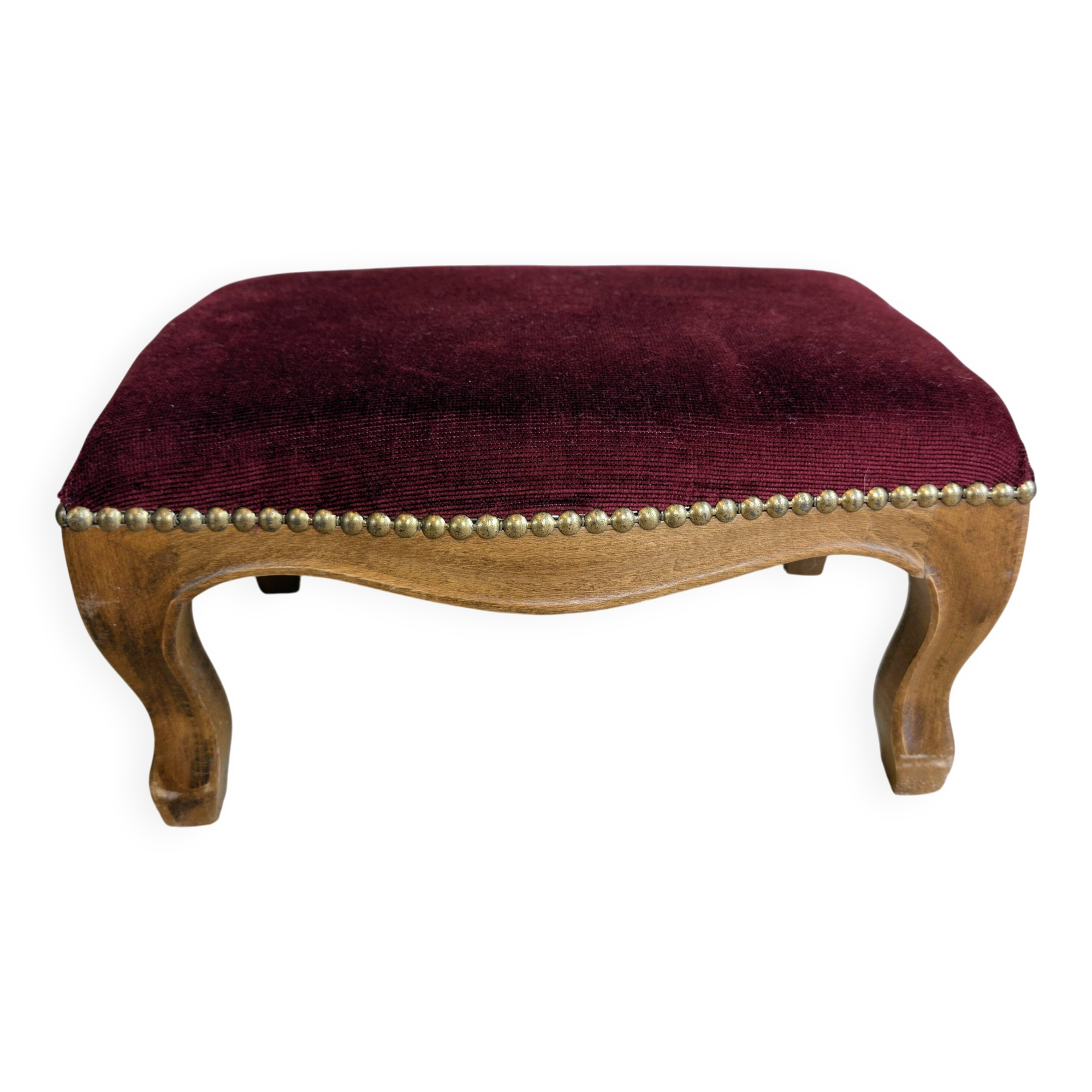 Repose-pieds ancien – Style Louis-Philippe, galbé et velours bordeaux