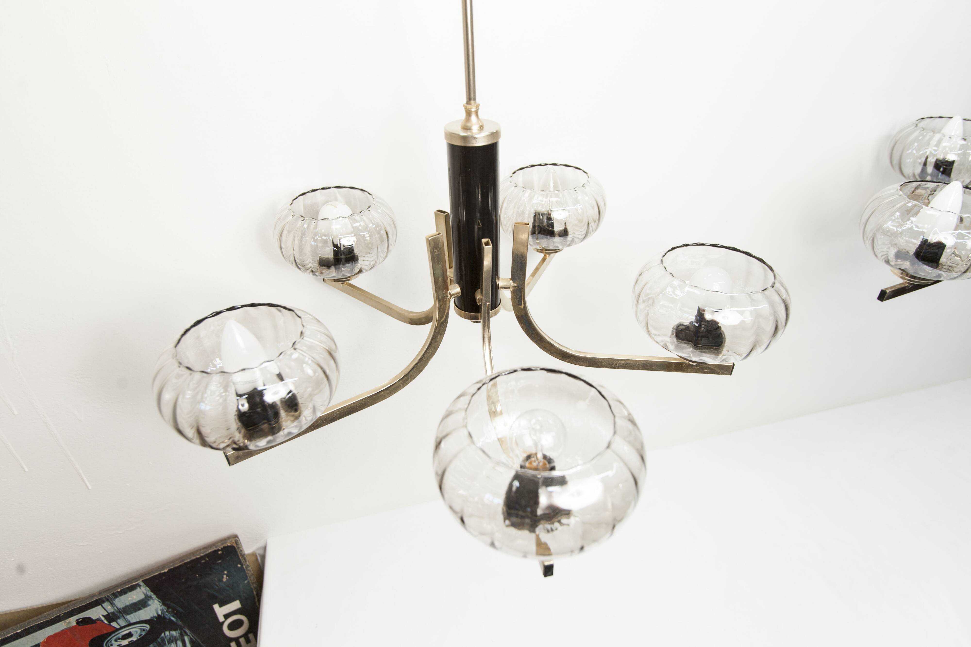 See Delmas chandelier, 5 branches, black and gold, transparent glass, 1960