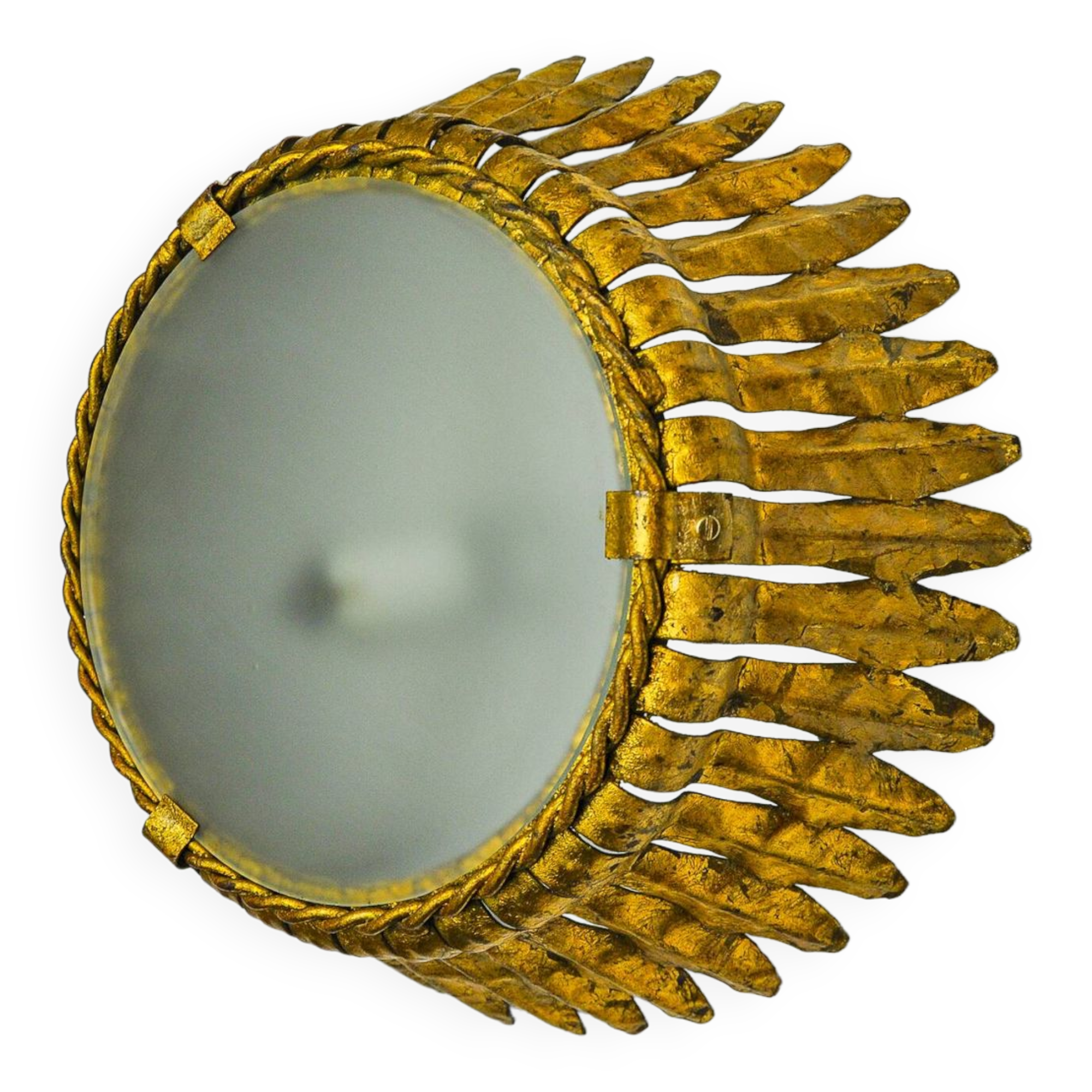 Sun wall lamp by ferro arte, metal and gold leaf, Spain, 1960