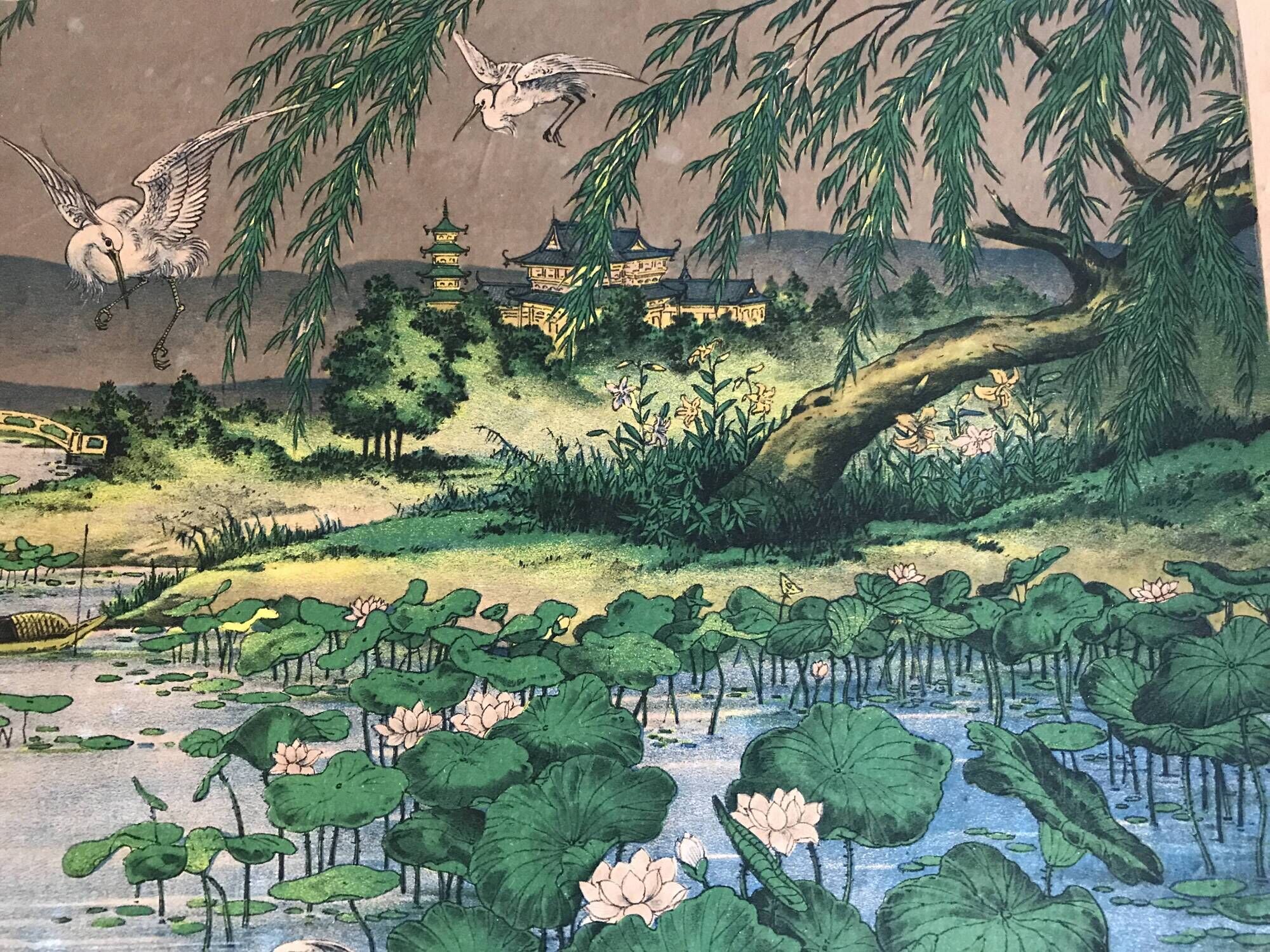 Ancient ESTAMPE of ASIA with Polychrome Decoration of Natural Landscape and Herons, XIXth