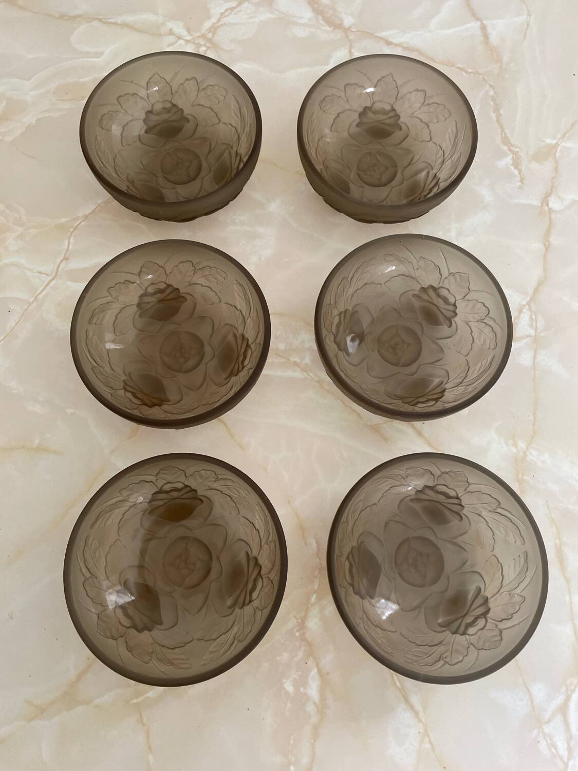 Smoked glass salad bowl and ramekins by Muller frères.