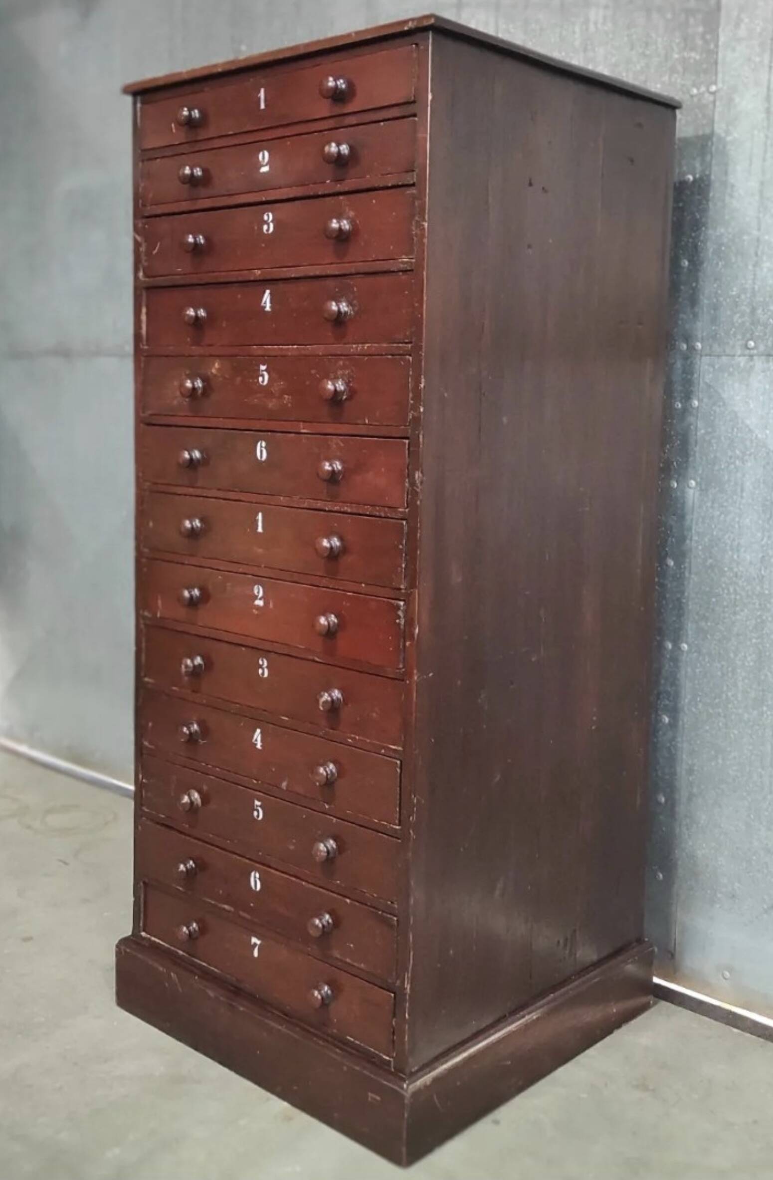 Vintage Drawer Cabinet with Dark Patina and Stenciled Letters