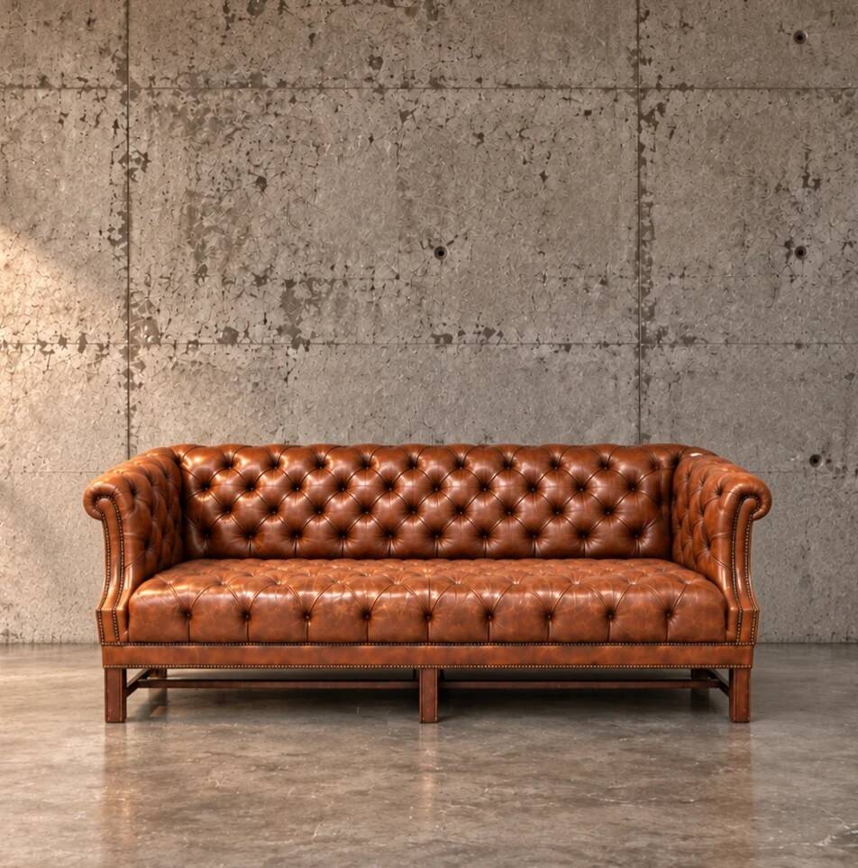 Chesterfield sofa / Brown cognac leather / Deep buttoned / 1980s