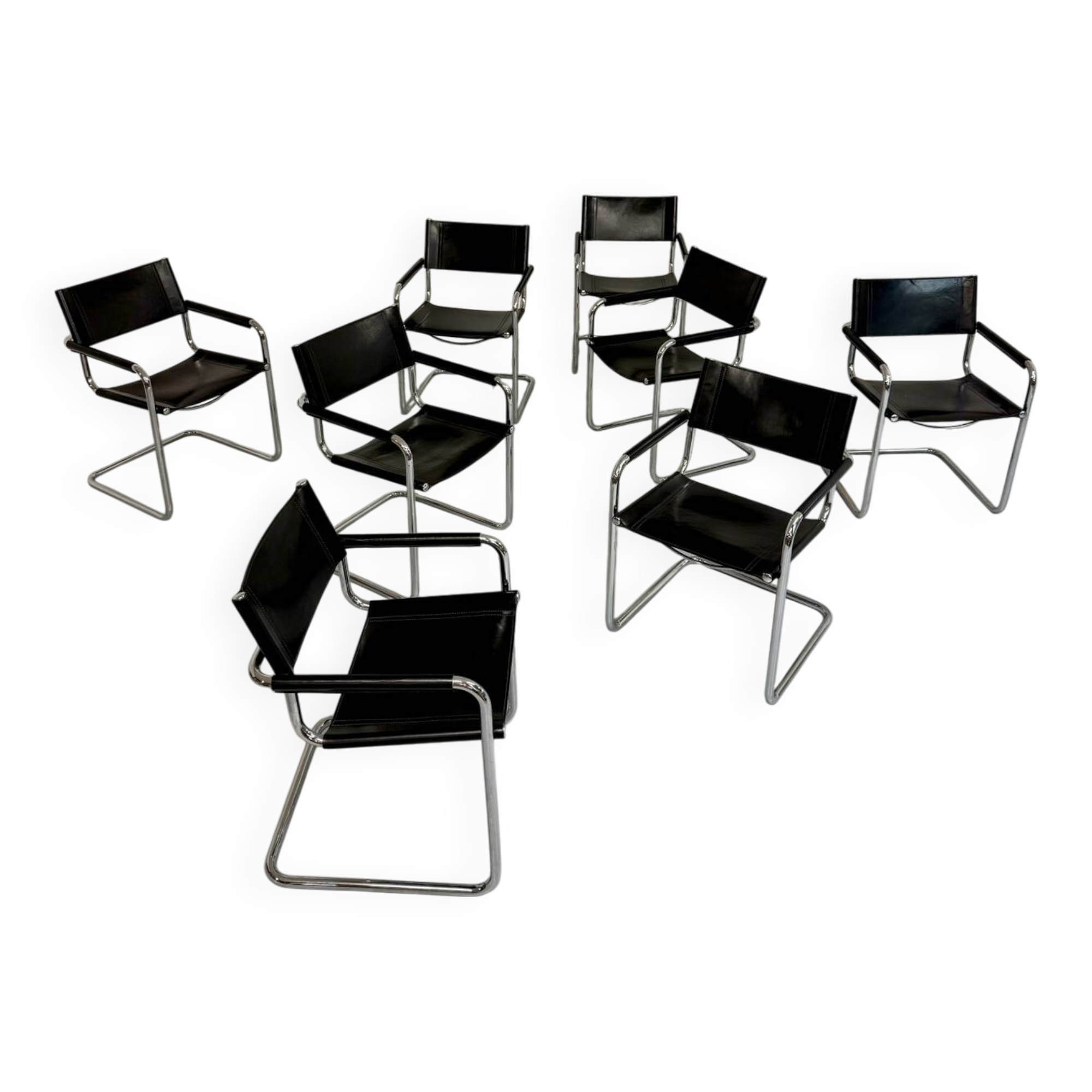 Lot 8 chaises tubulaire style MG5 Grassi en cuir noir vintage 1980
