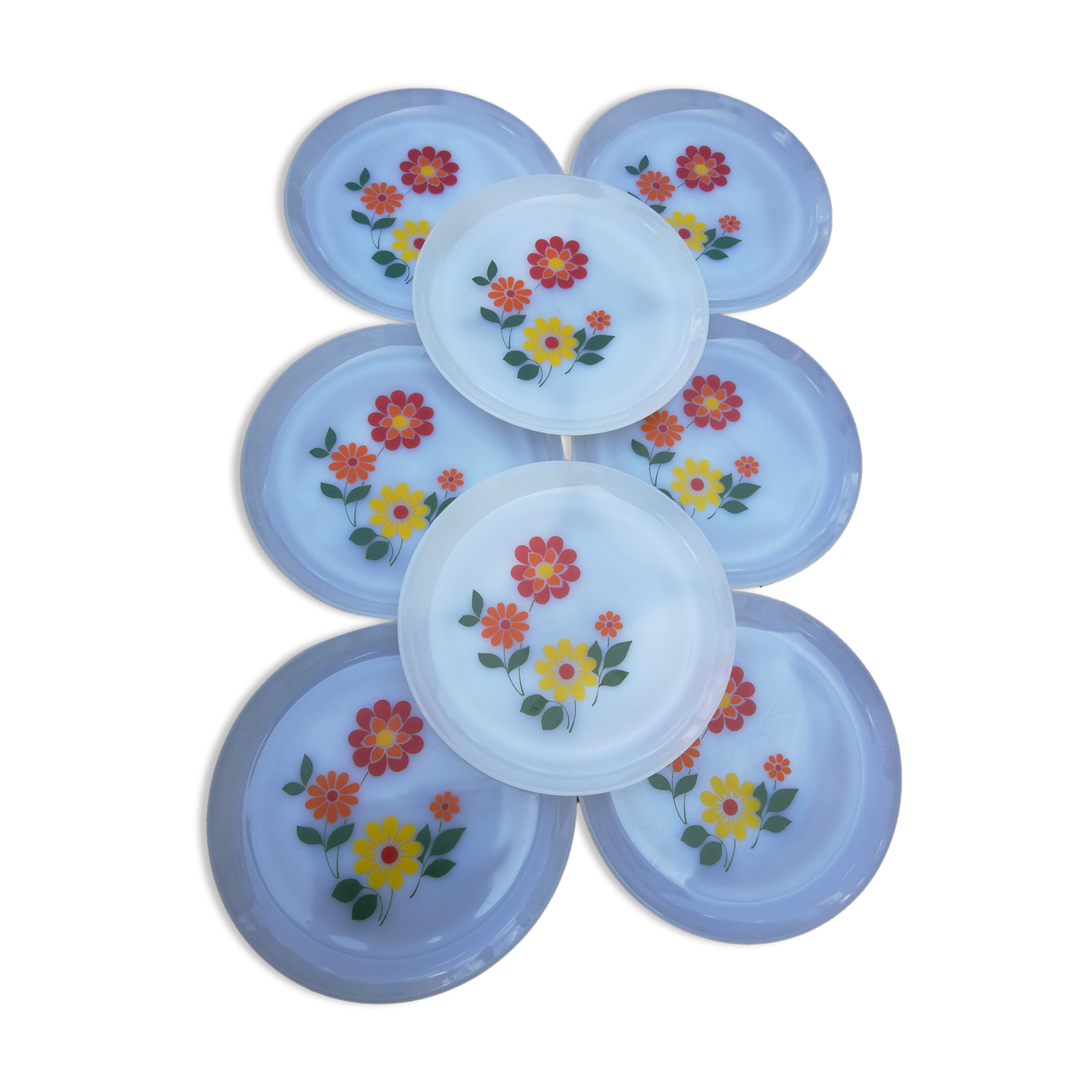 Set of 8 flat plates Arcopal with flowers