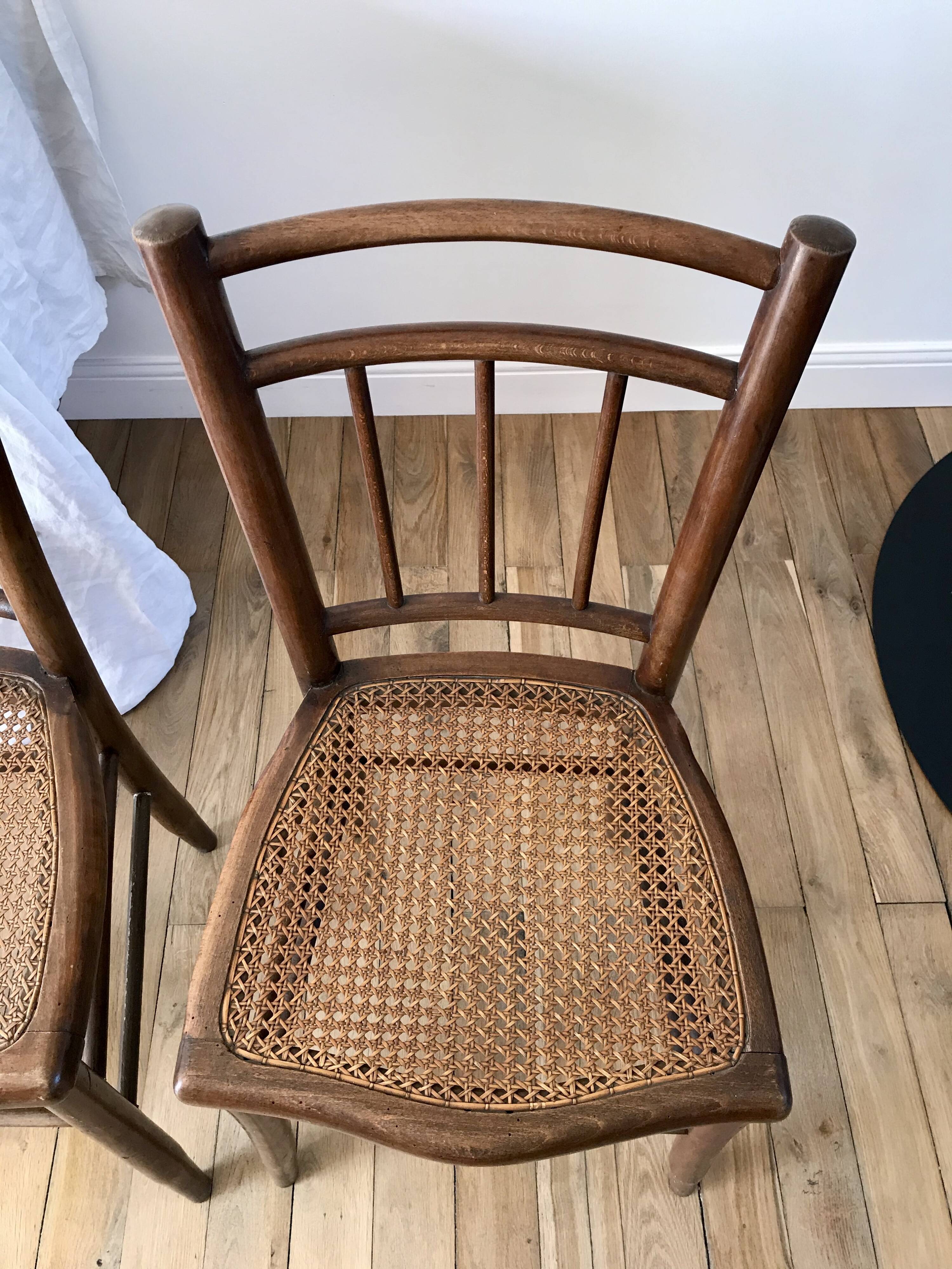 set of 4 bistro chairs in turned wood and canework stamped early 20th century