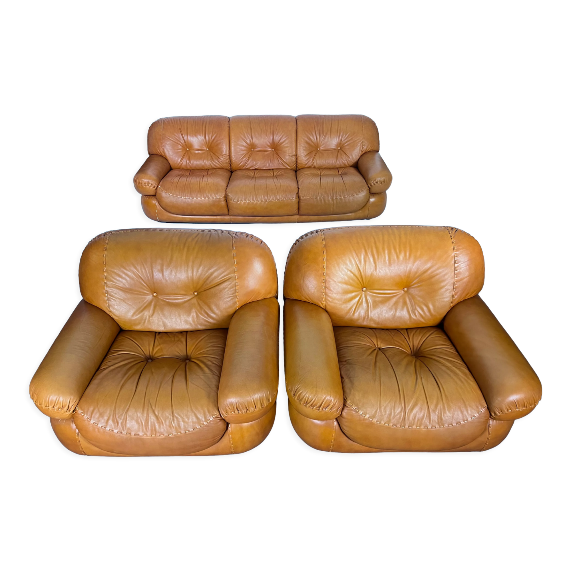 Sofa set in cognac leather by Sapporo for Mobil Girgi,  Italy 1970s