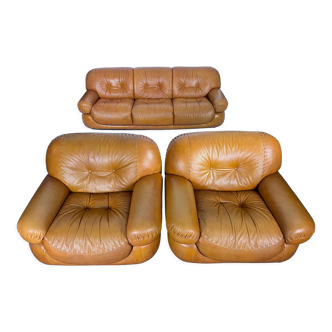 Sofa set in cognac leather by Sapporo for Mobil Girgi,  Italy 1970s