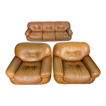 Sofa set in cognac leather by Sapporo for Mobil Girgi,  Italy 1970s